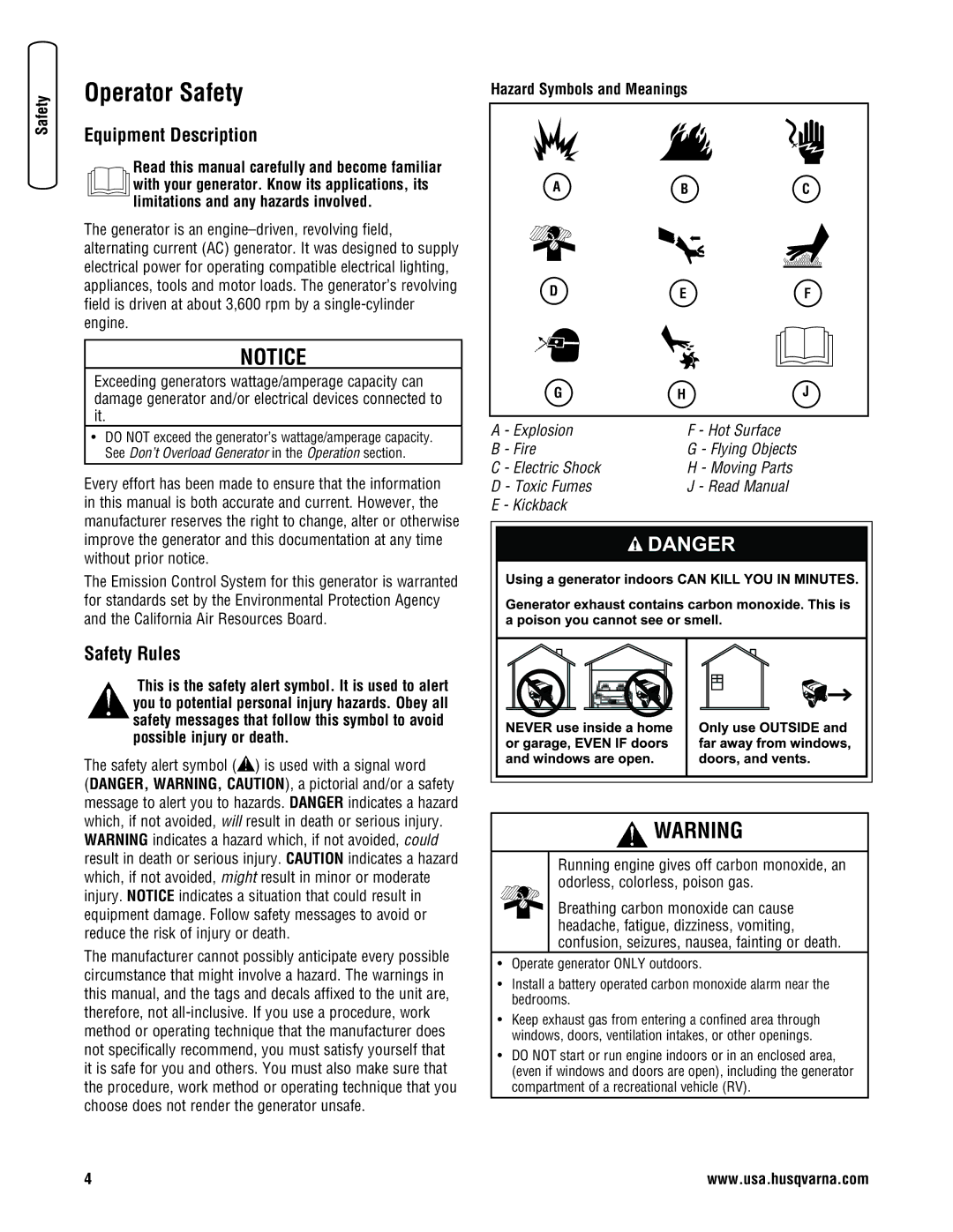 Husqvarna 1055 GN Operator Safety, Equipment Description, Safety Rules, Safety alert symbol is used with a signal word 