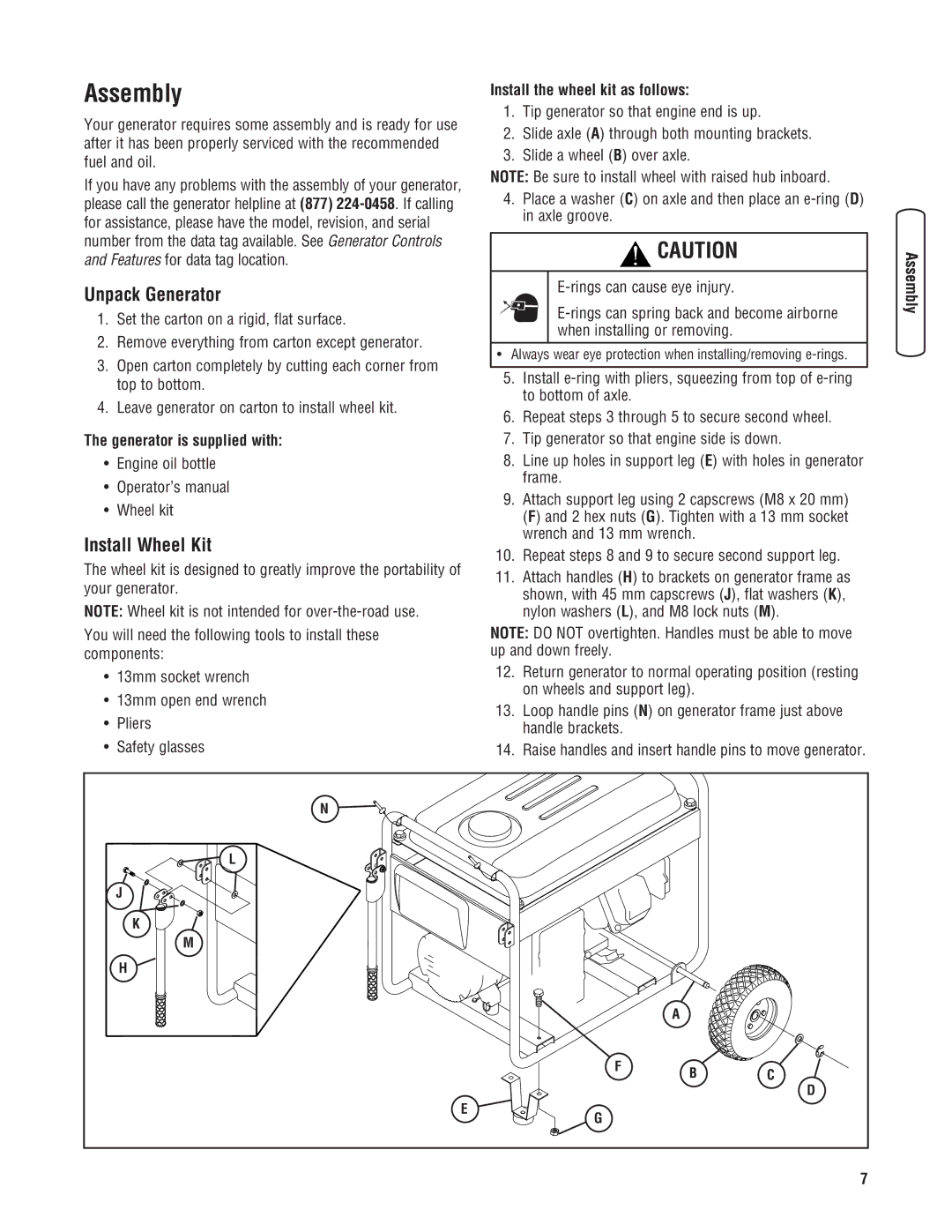 Husqvarna 1055 GN manual Assembly, Unpack Generator, Install Wheel Kit, Generator is supplied with 