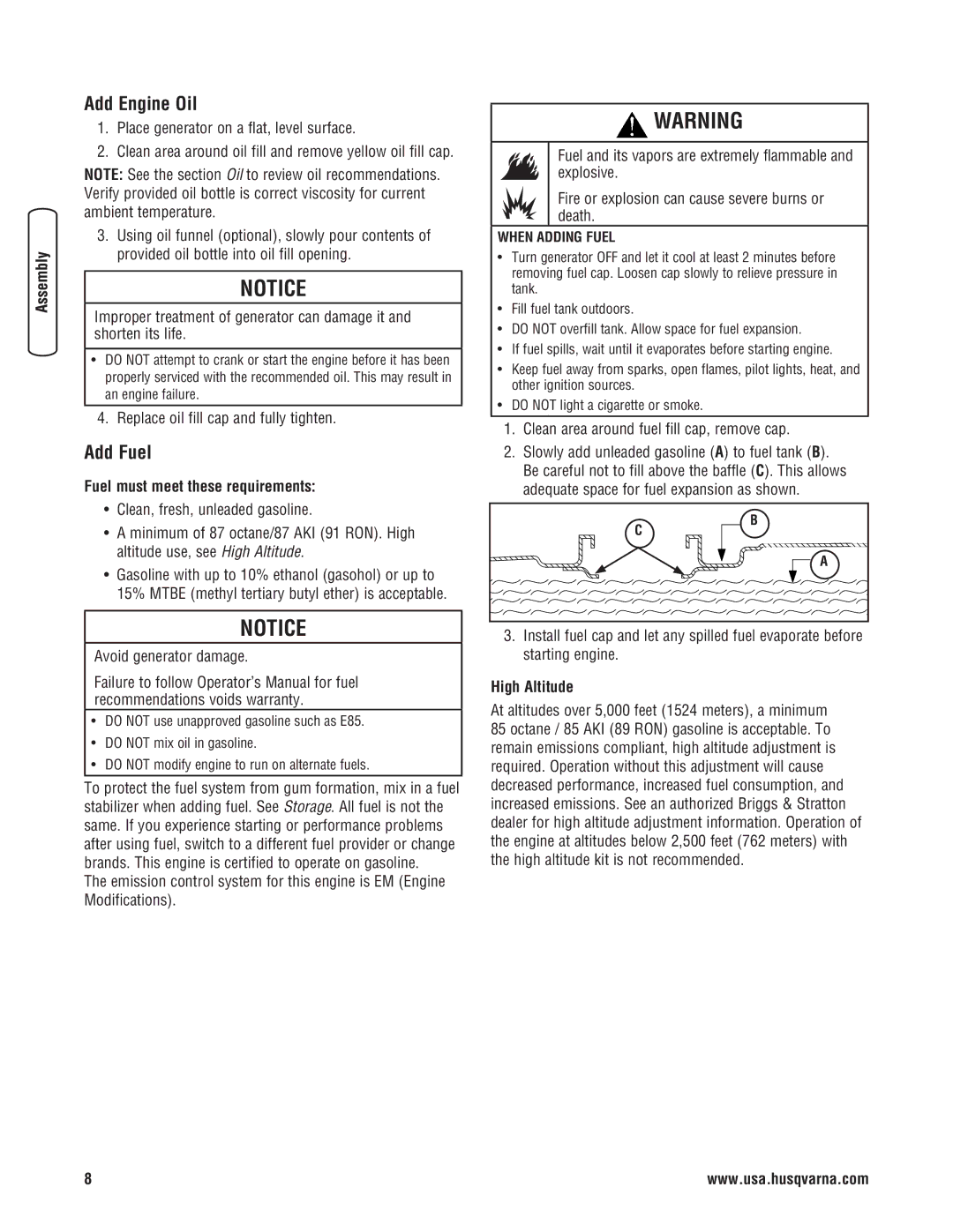 Husqvarna 1055 GN manual Add Engine Oil, Add Fuel, Fuel must meet these requirements, High Altitude 