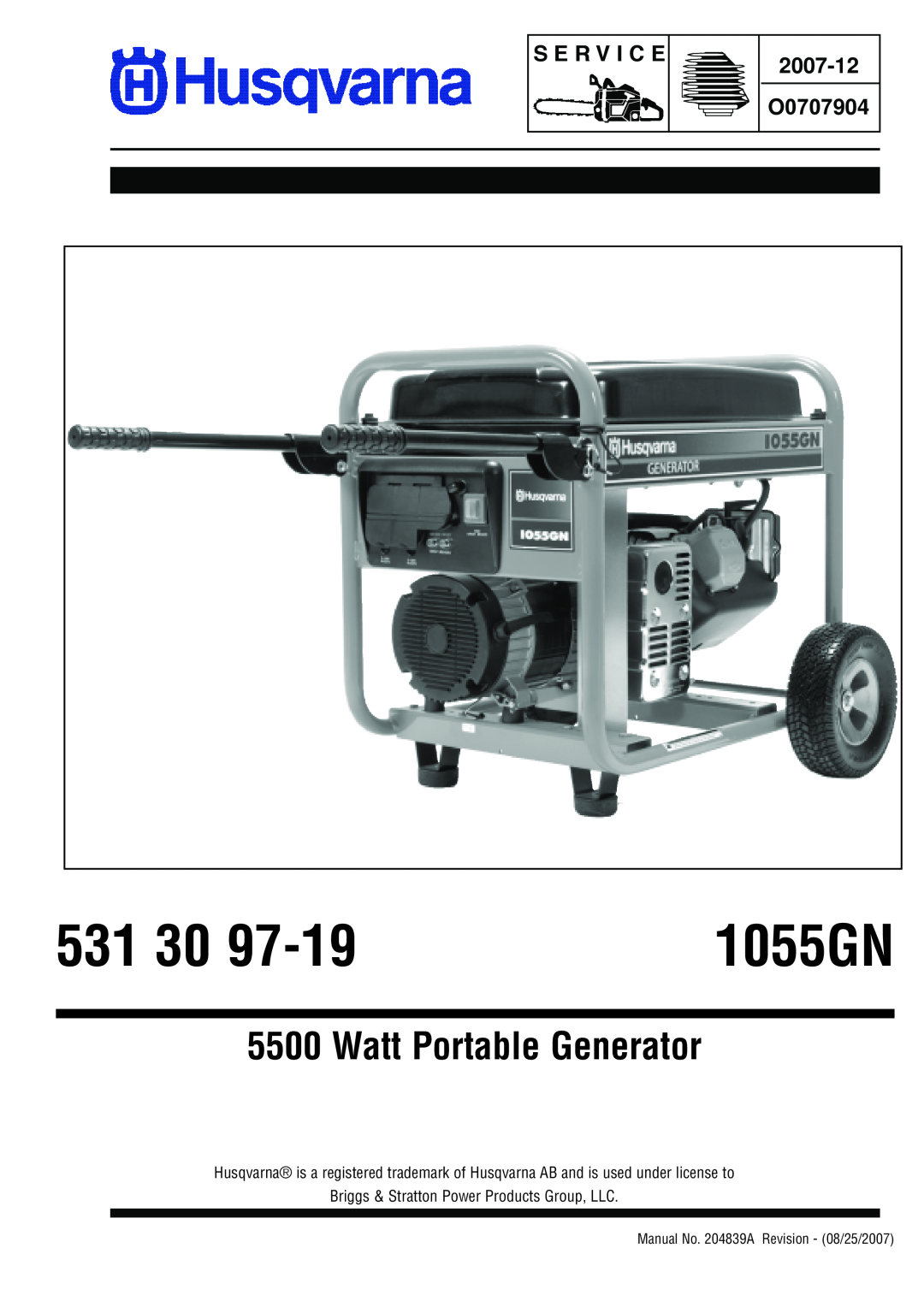 Husqvarna 1055 GN manual Watt Portable Generator, 531, 1055GN, S E R V I C E, 2007-12 O0707904 