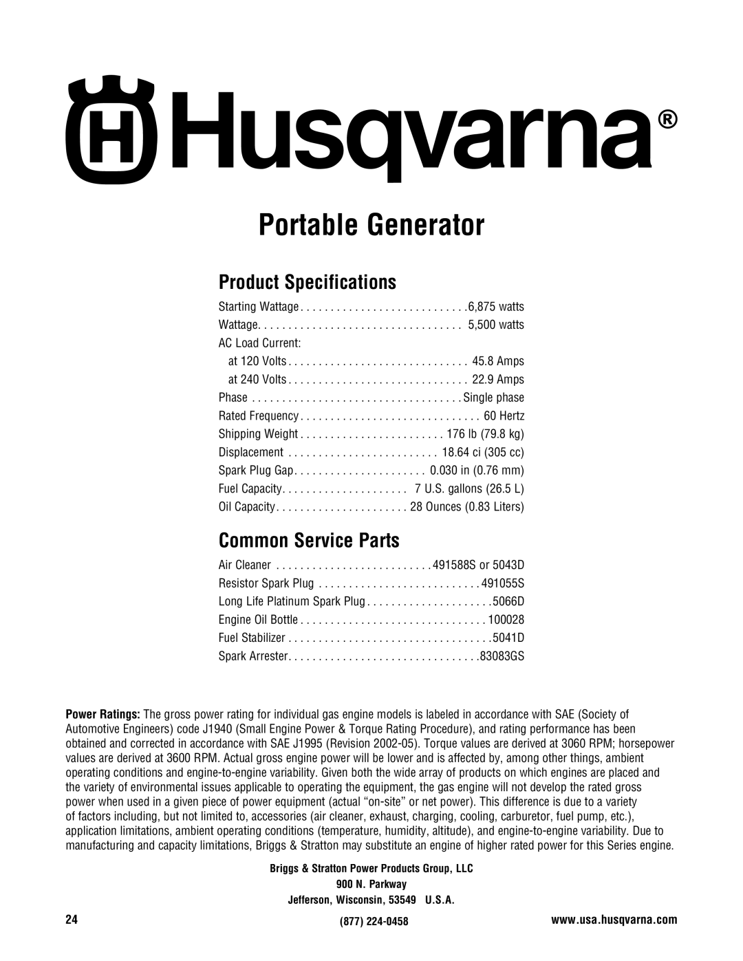 Husqvarna 1055 GN manual Portable Generator, Product Specifications, Common Service Parts 
