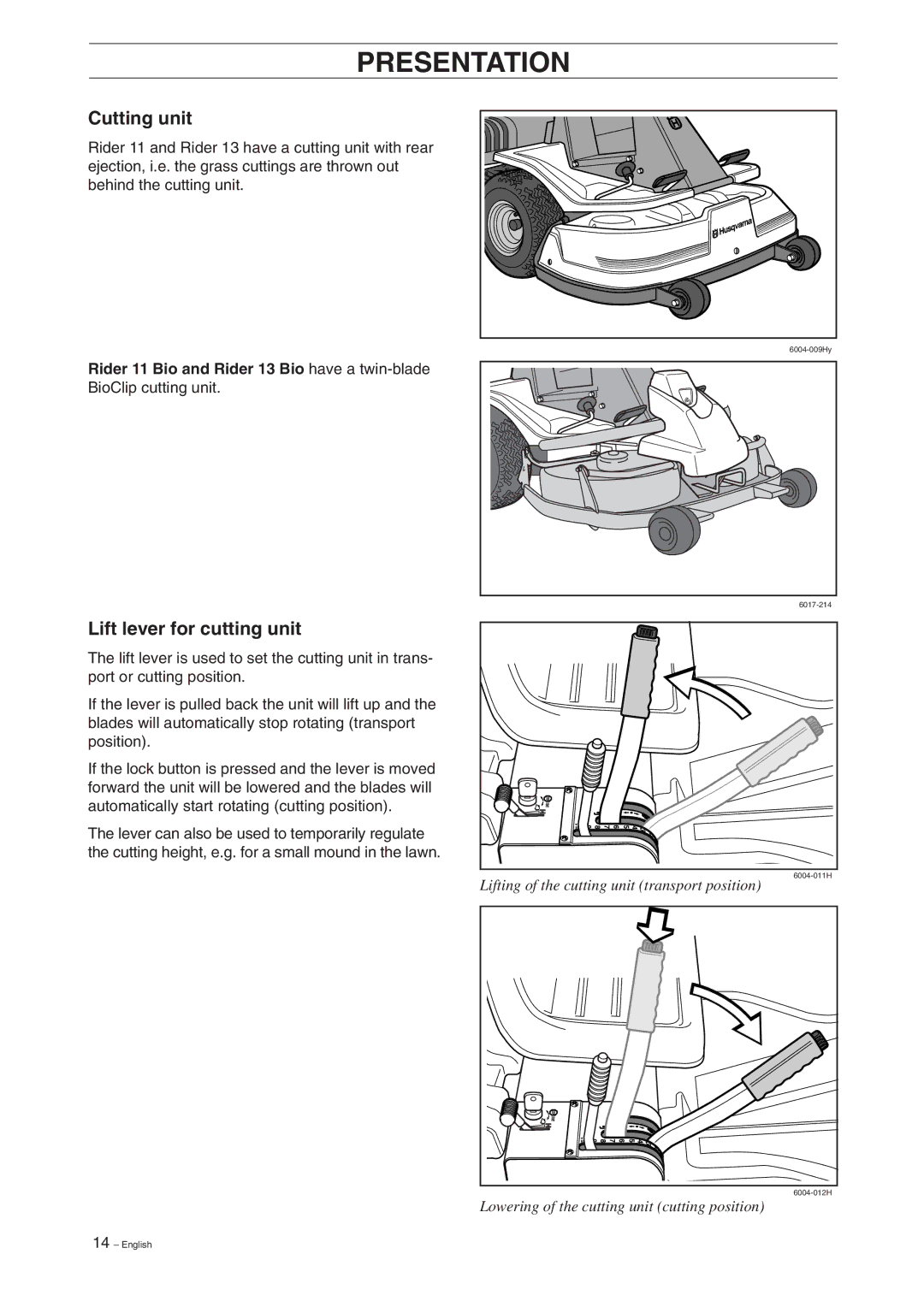 Husqvarna 11, 13, 11 Bio, 13 Bio manual Cutting unit, Lift lever for cutting unit 