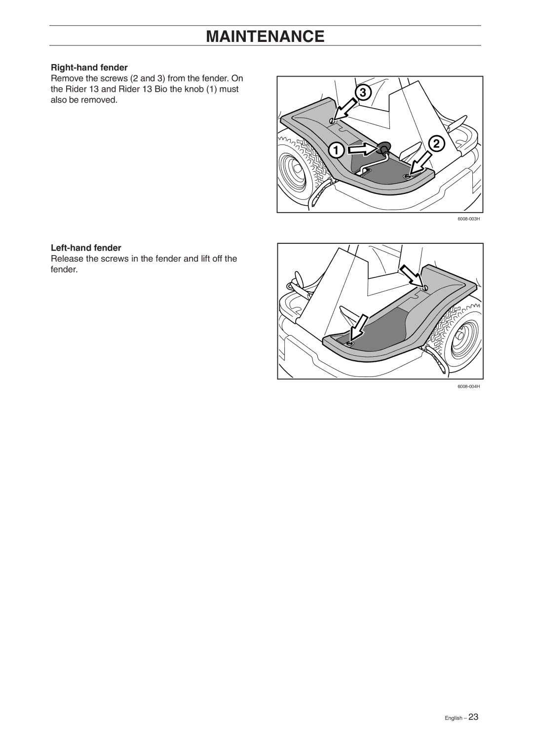 Husqvarna 11, 13, 11 Bio, 13 Bio manual Right-hand fender, Left-hand fender 