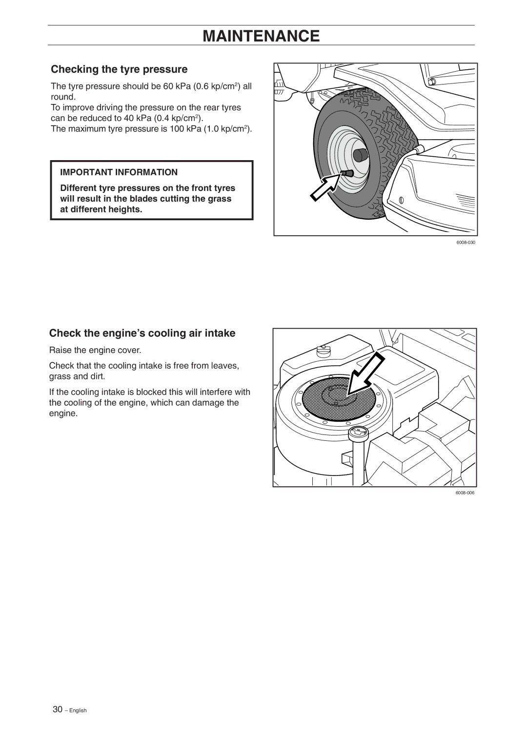 Husqvarna 11, 13, 11 Bio, 13 Bio manual Checking the tyre pressure, Check the engine’s cooling air intake 