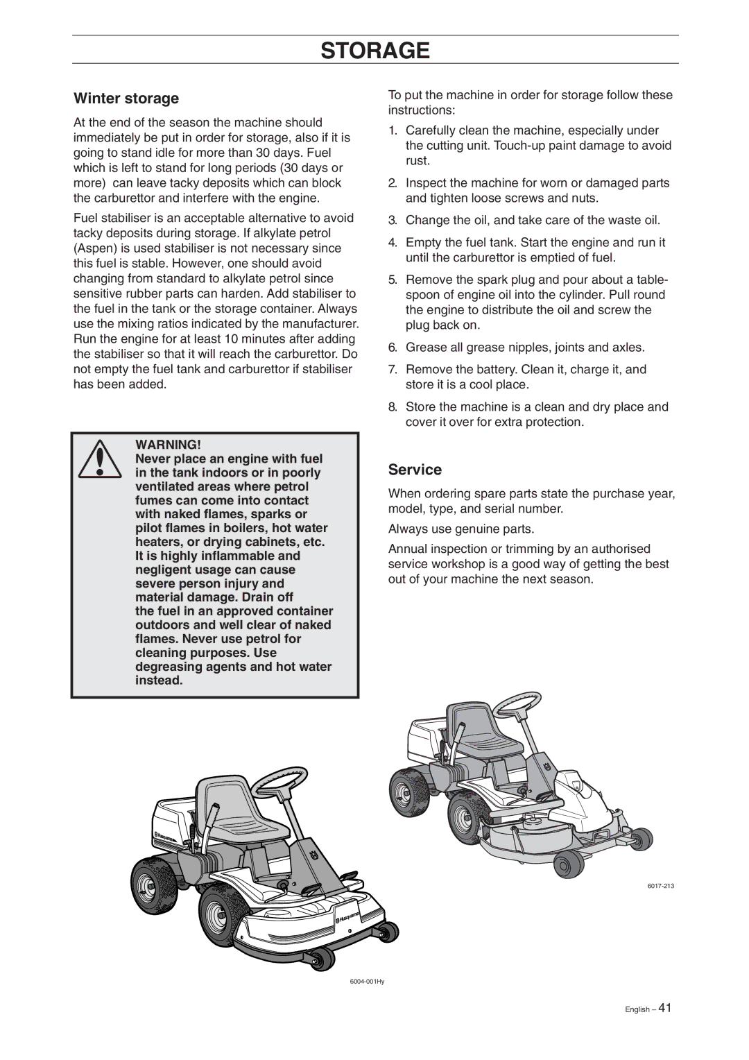 Husqvarna 11, 13, 11 Bio, 13 Bio manual Storage, Winter storage, Service 