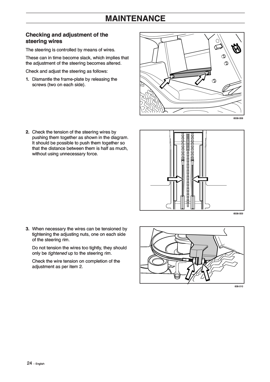 Husqvarna 11, 13, 11 Bio, 13 Bio manual Checking and adjustment of the steering wires, Maintenance 