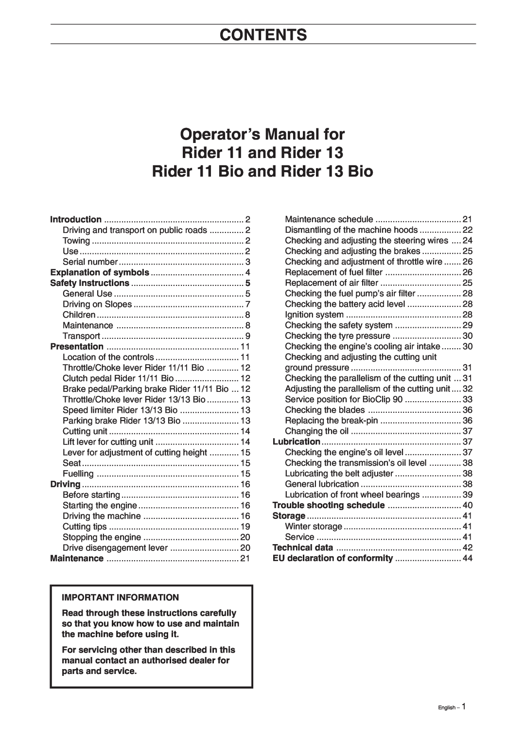 Husqvarna manual CONTENTS Operator’s Manual for Rider 11 and Rider, Rider 11 Bio and Rider 13 Bio, Important Information 