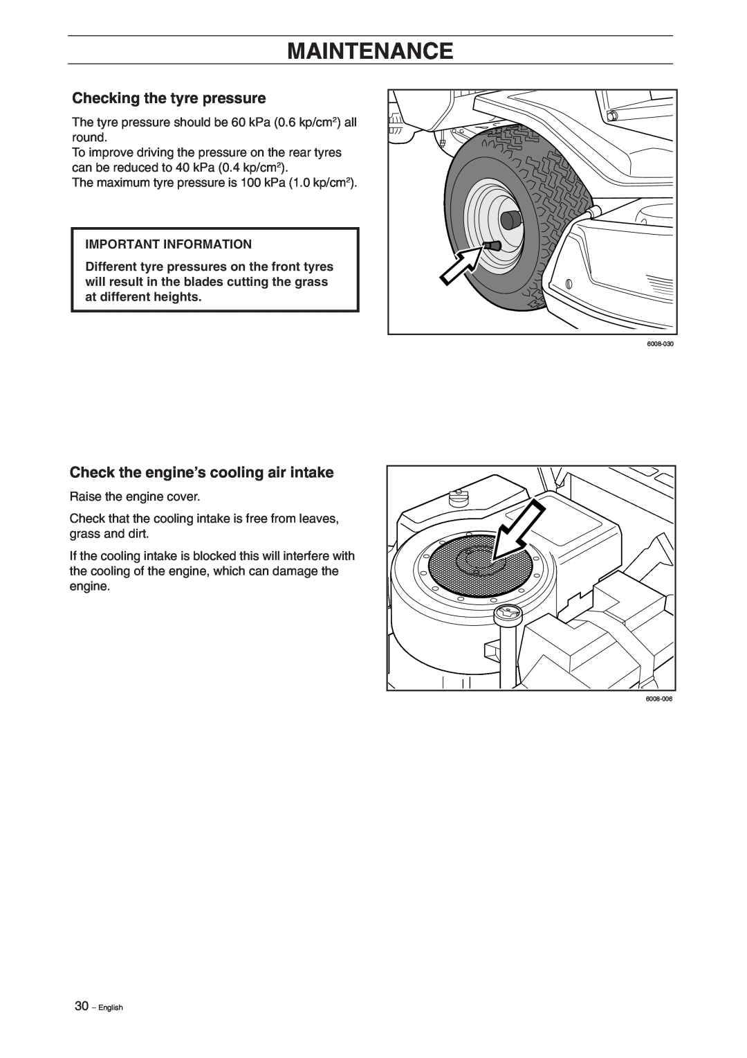 Husqvarna 11, 13, 11 Bio, 13 Bio manual Checking the tyre pressure, Check the engine’s cooling air intake, Maintenance 