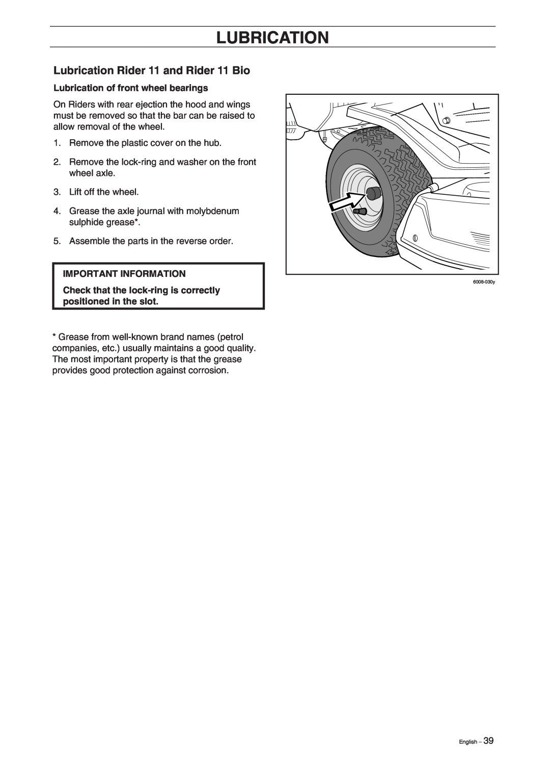 Husqvarna 13 manual Lubrication Rider 11 and Rider 11 Bio, Lubrication of front wheel bearings, Important Information 
