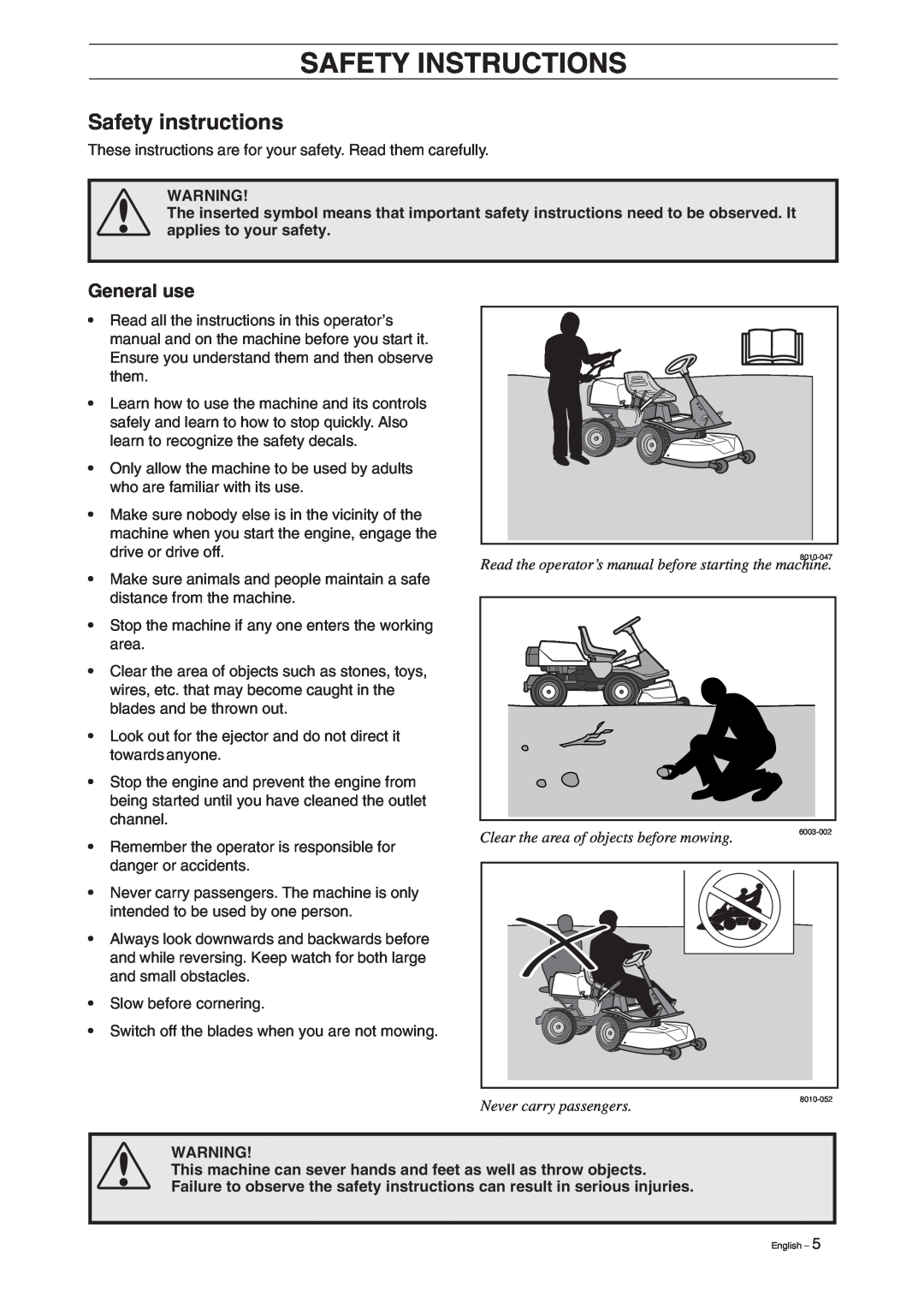 Husqvarna 13 Safety instructions, General use, Read the operator’s manual before starting the machine, Safety Instructions 