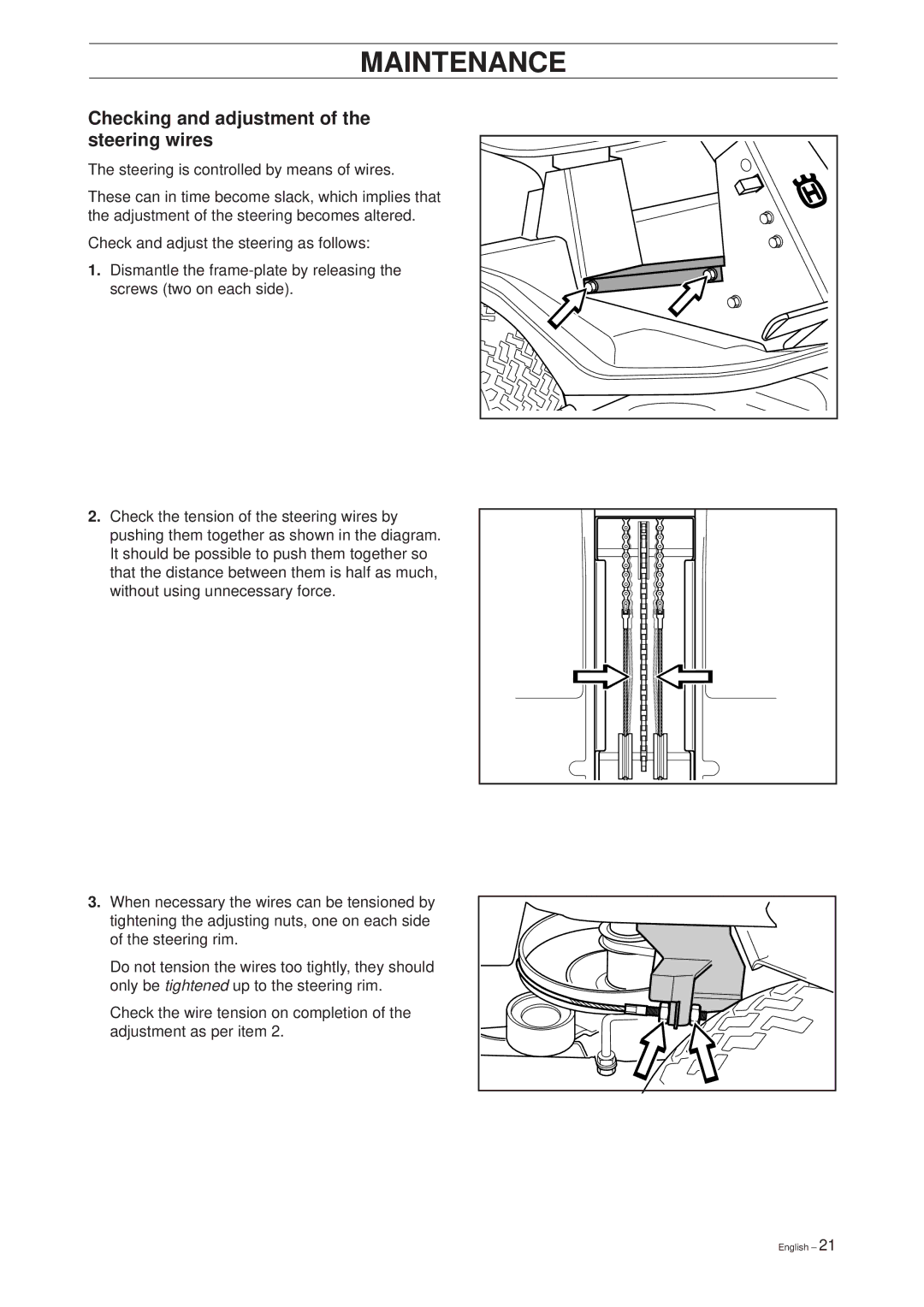 Husqvarna 11 Bio/13 H Bio manual Checking and adjustment of the steering wires 