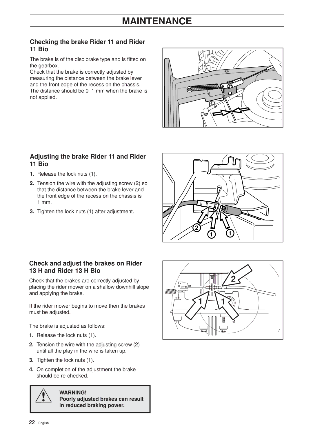 Husqvarna 11 Bio/13 H Bio Checking the brake Rider 11 and Rider 11 Bio, Adjusting the brake Rider 11 and Rider 11 Bio 