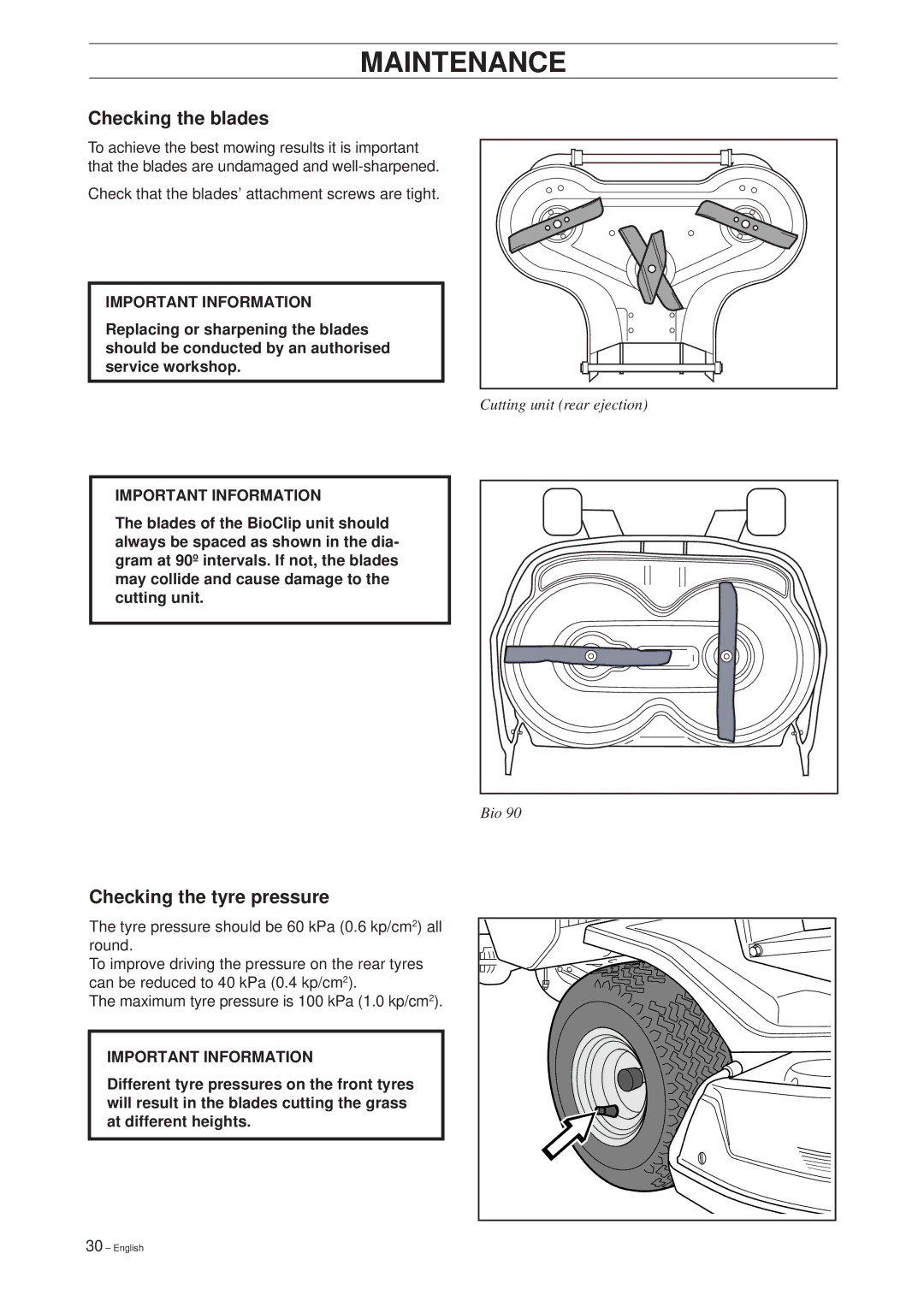 Husqvarna 11 Bio/13 H Bio manual Checking the blades, Checking the tyre pressure 