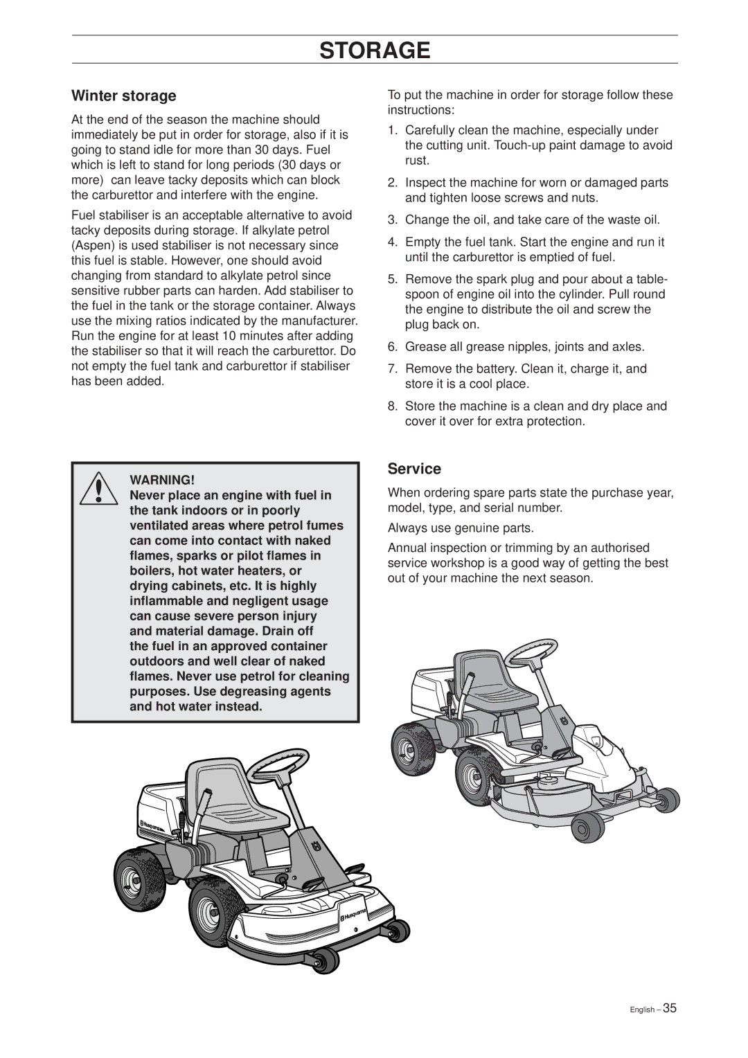 Husqvarna 11 Bio/13 H Bio manual Storage, Winter storage, Service 