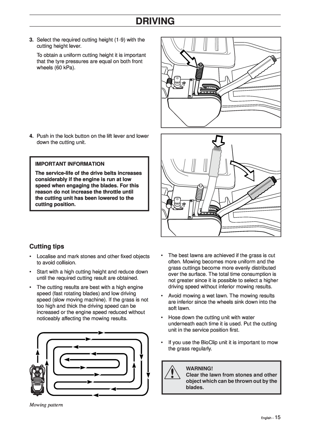 Husqvarna 11 Bio/13 H Bio manual Cutting tips, Mowing pattern, Driving, Important Information 