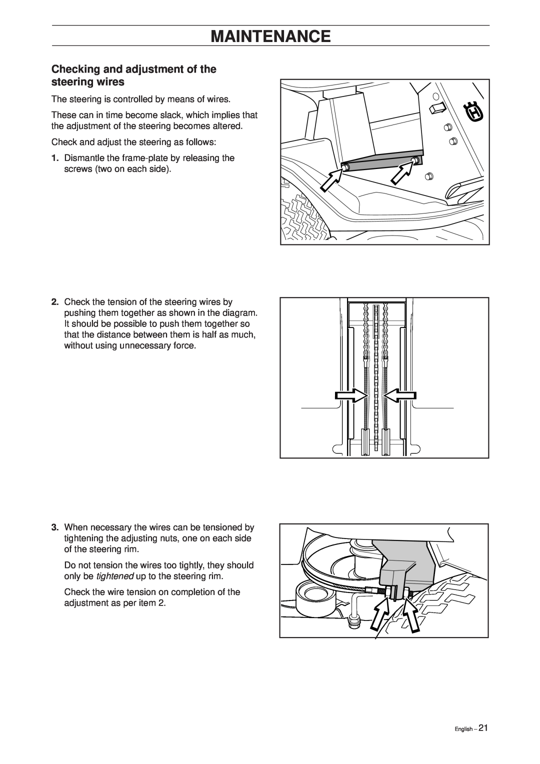 Husqvarna 11 Bio/13 H Bio manual Checking and adjustment of the steering wires, Maintenance 