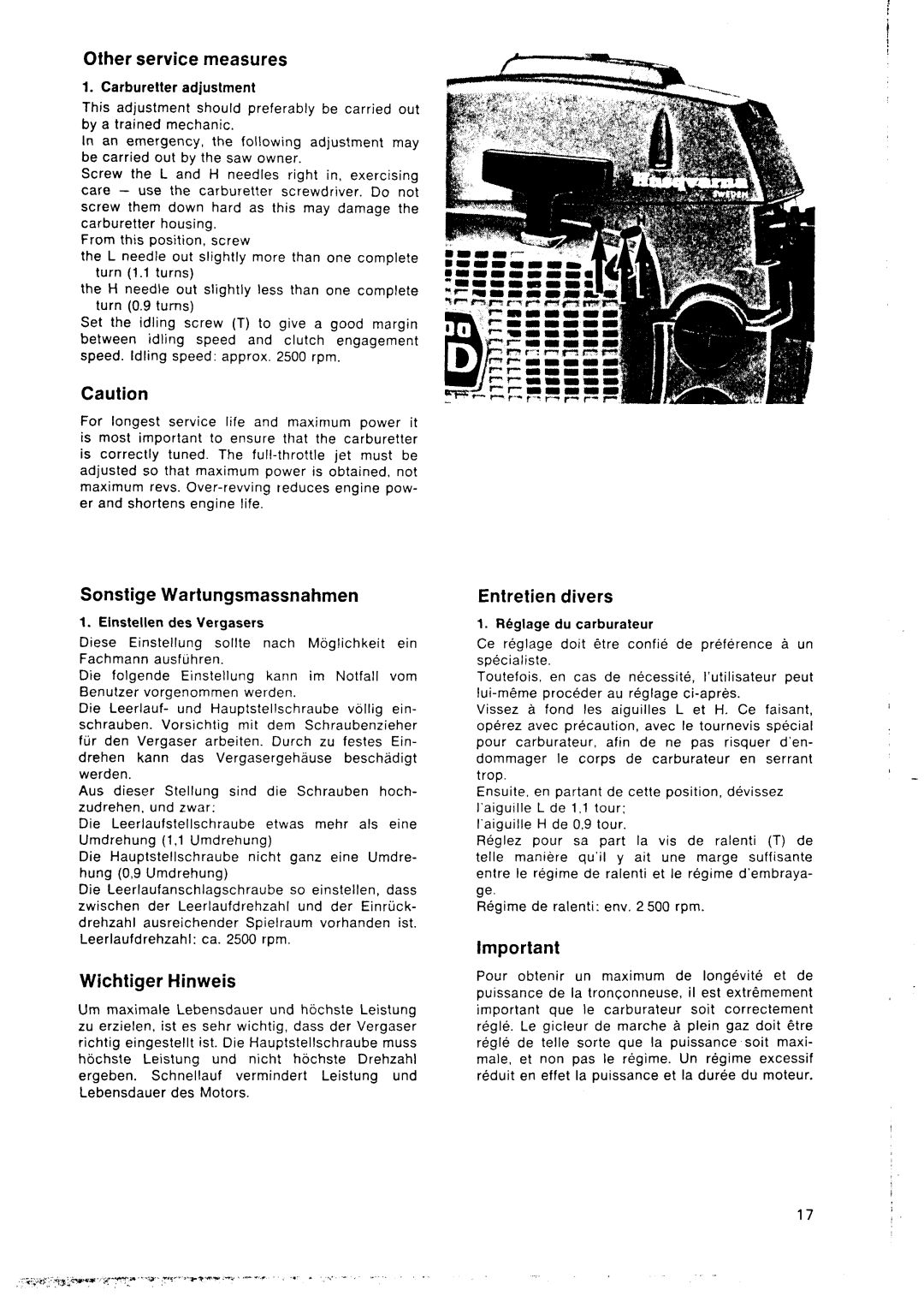 Husqvarna 1100 CD manual Other service measures, Sonstige Wartungsmassnahmen, Entretien divers 