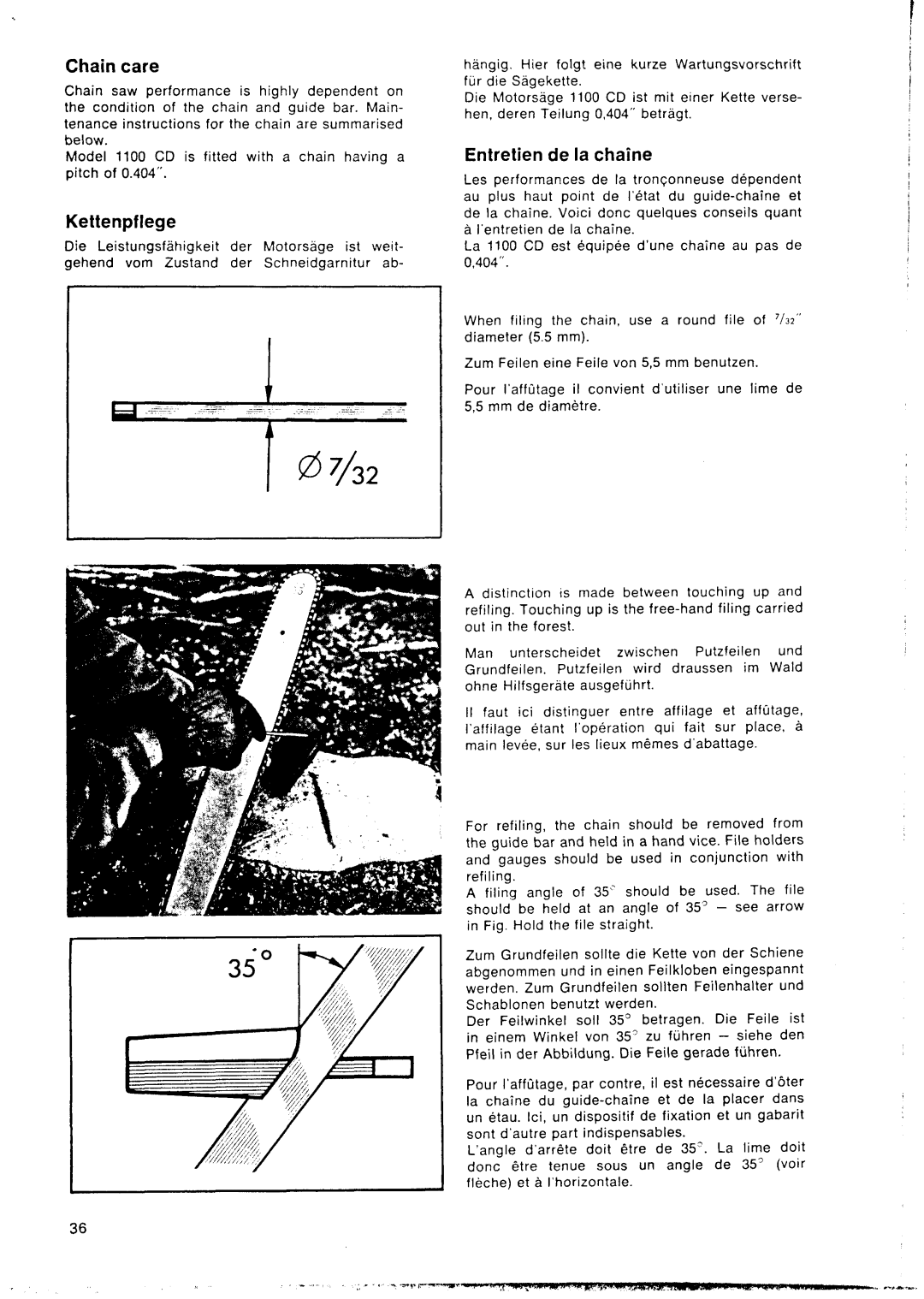 Husqvarna 1100 CD manual Chain care, Kettenpflege, Entretien de la chaine 