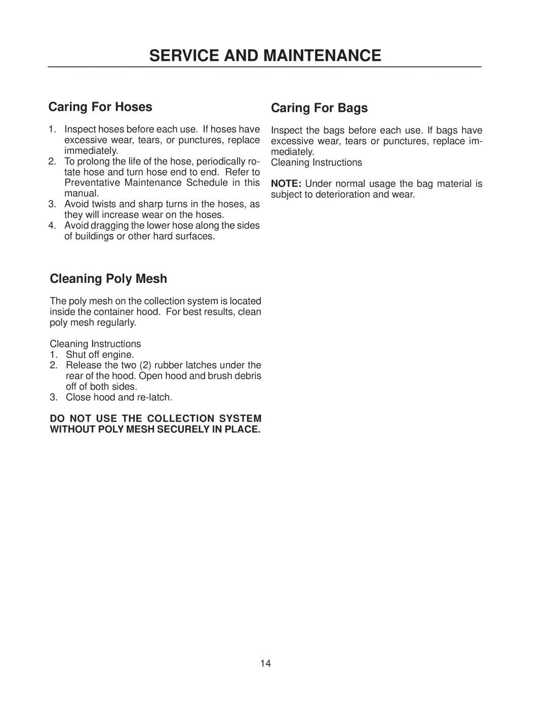 Husqvarna 111750 / HCS1372 manual Caring For Hoses, Cleaning Poly Mesh 