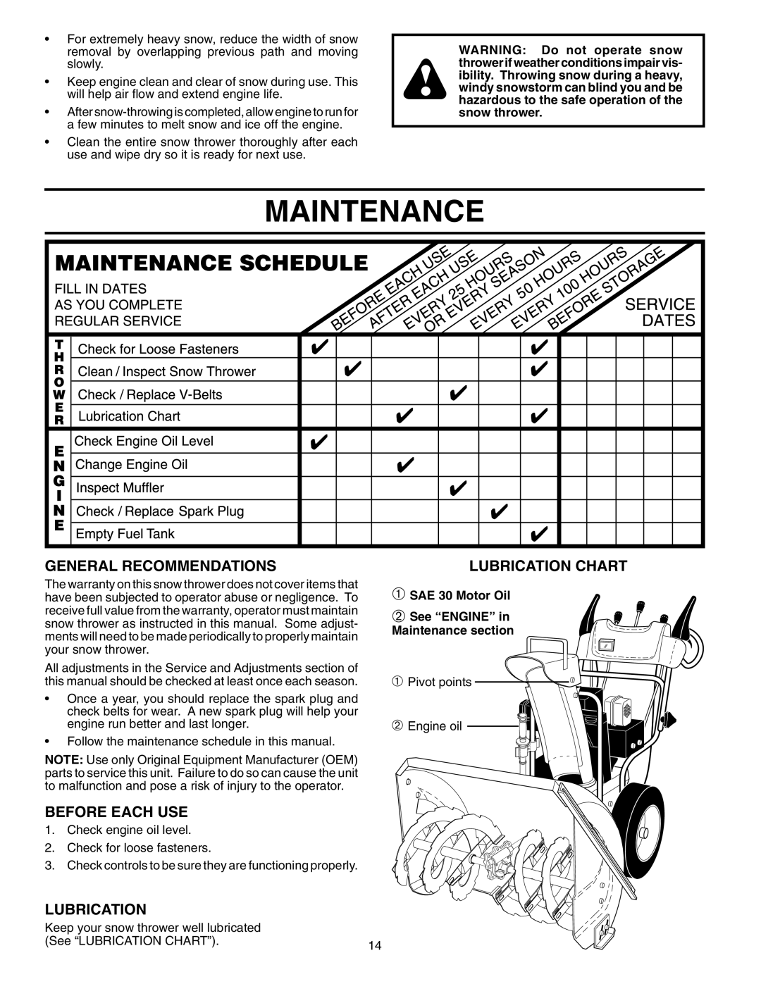 Husqvarna 1130 SBEXP owner manual Maintenance, General Recommendations, Before Each USE, Lubrication 