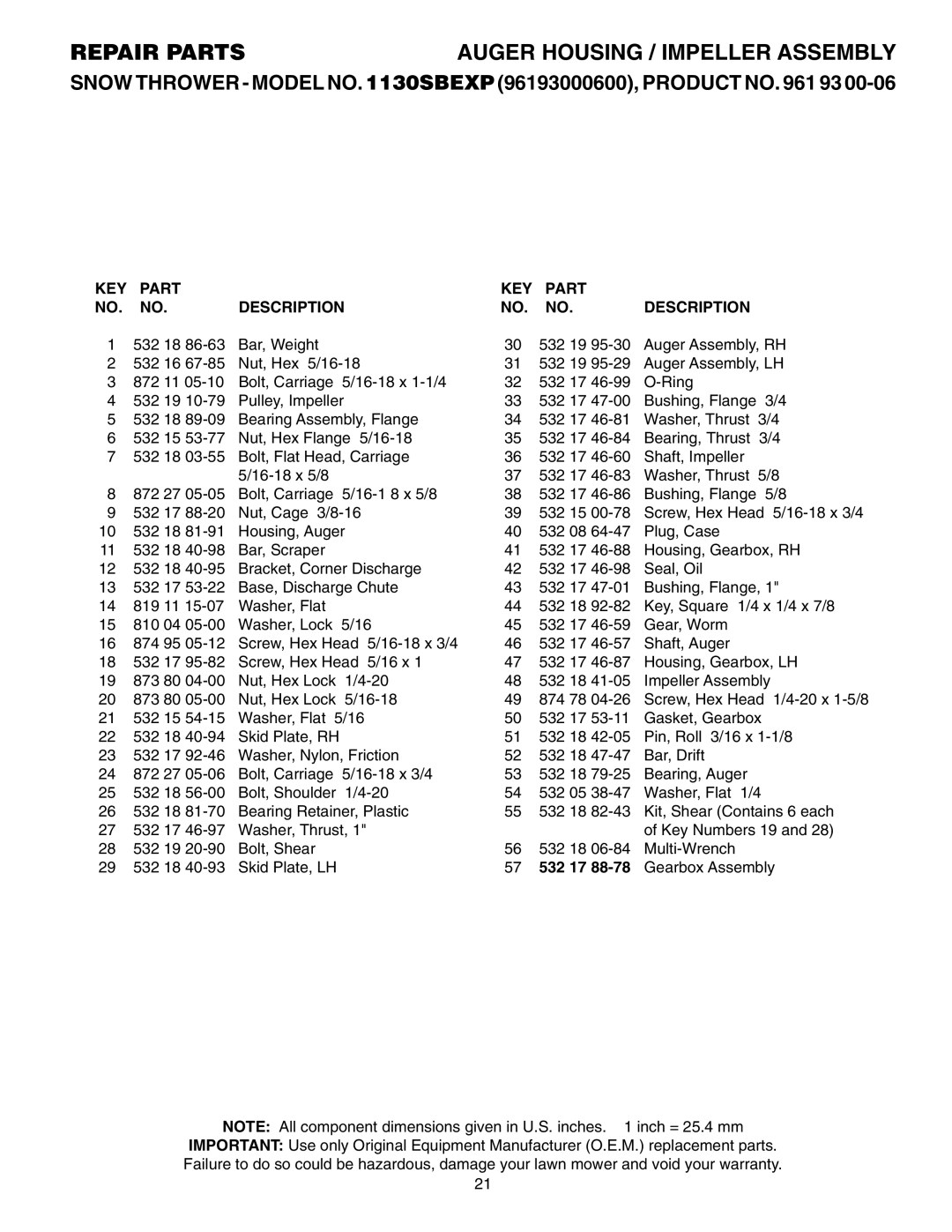 Husqvarna 1130 SBEXP owner manual KEY Part Description, 532 17 