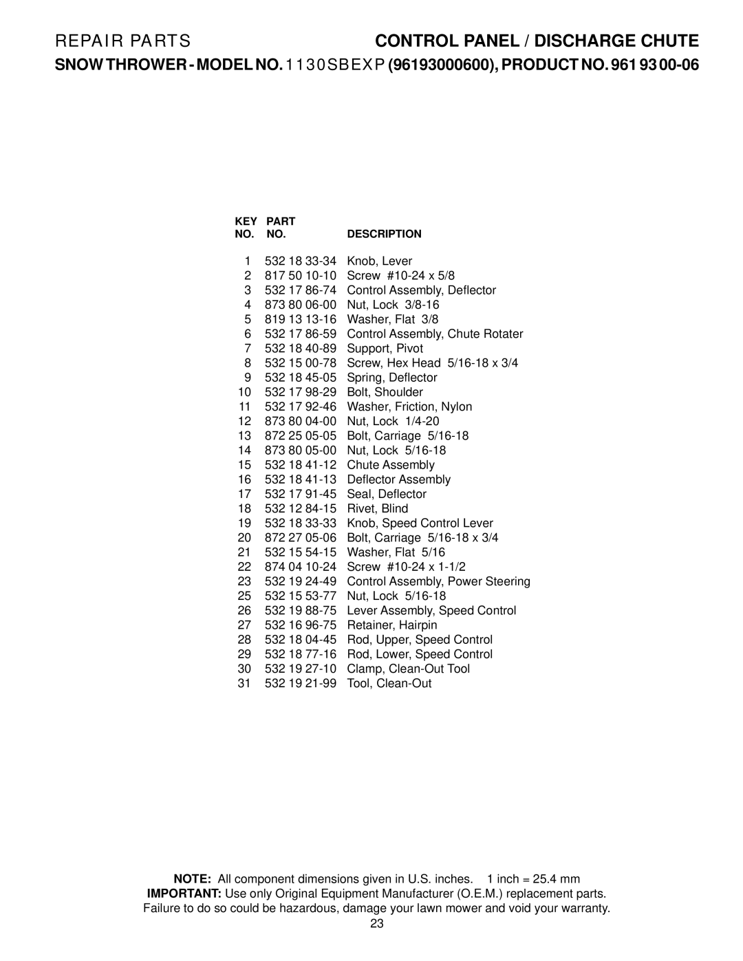 Husqvarna 1130 SBEXP owner manual KEY Part Description 