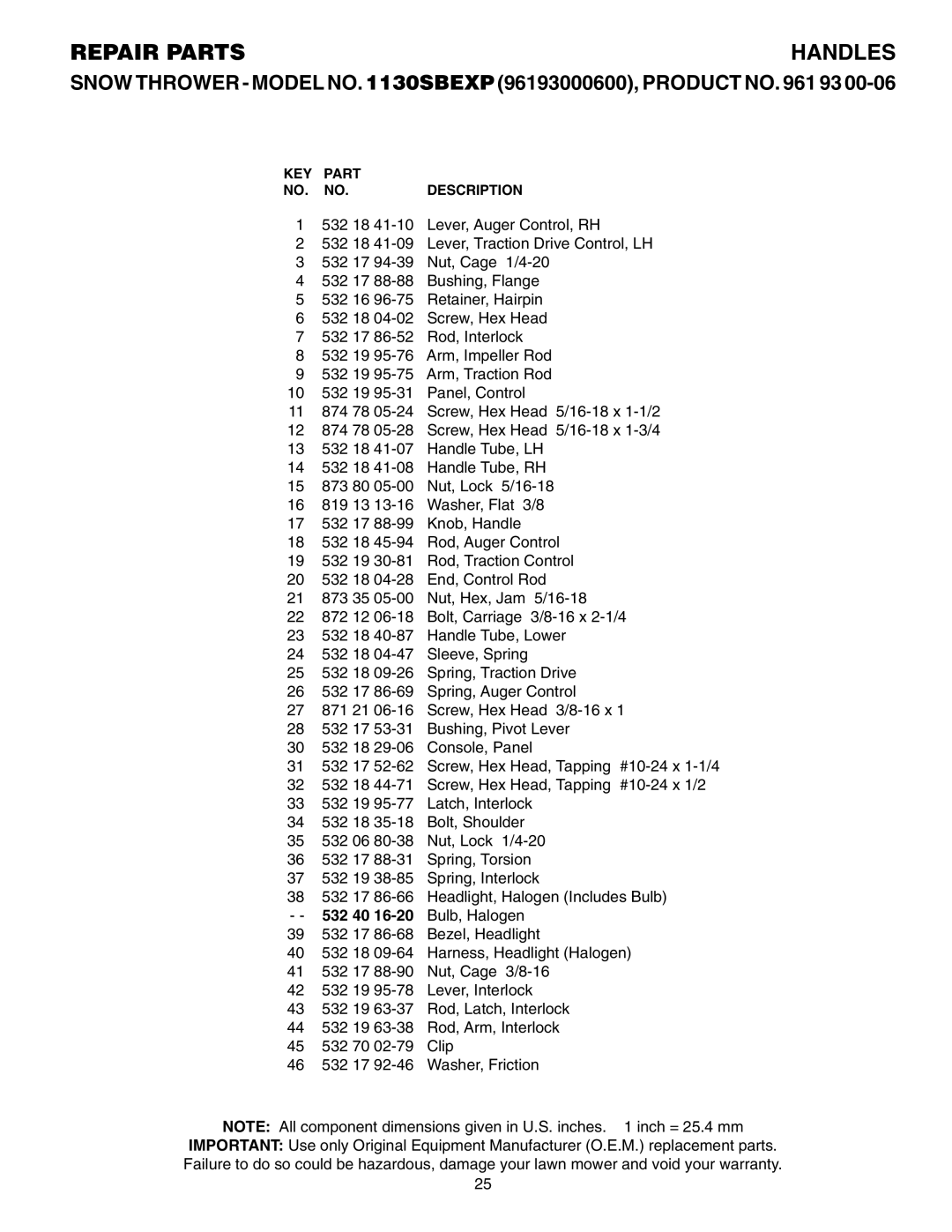 Husqvarna 1130 SBEXP owner manual Repair Parts 