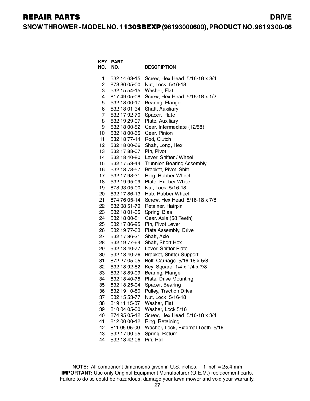 Husqvarna 1130 SBEXP owner manual Repair Parts 