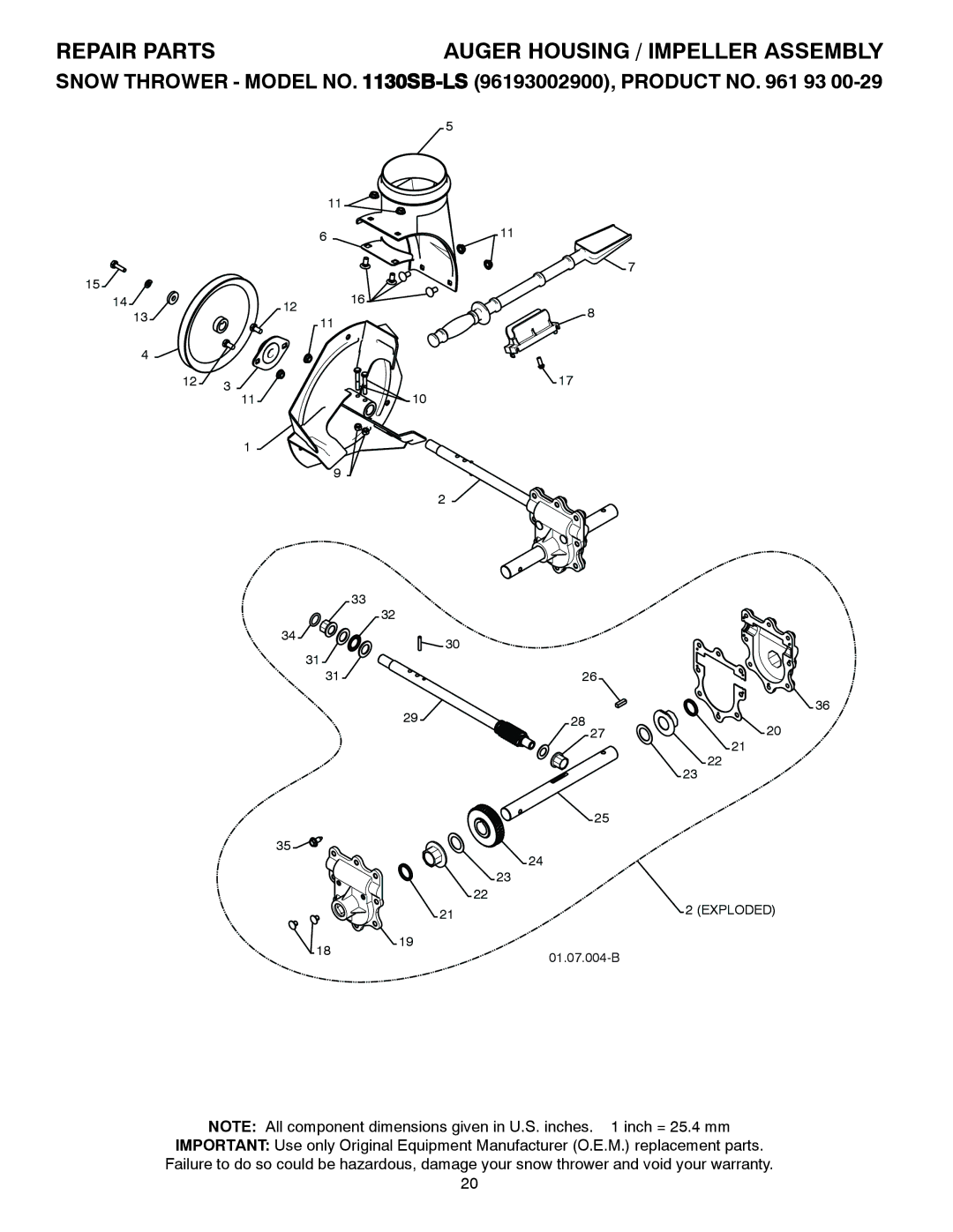 Husqvarna 1130SB-LS owner manual Repair Parts, Auger Housing / Impeller Assembly 