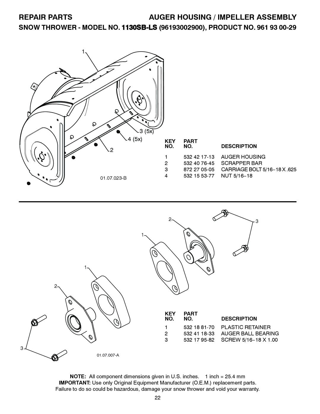 Husqvarna 1130SB-LS owner manual Auger Ball Bearing 