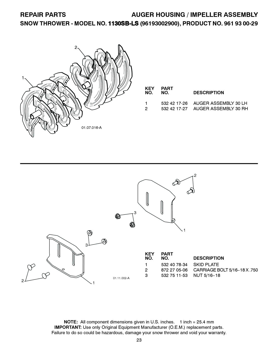 Husqvarna 1130SB-LS owner manual Auger Assembly 30 LH, Auger Assembly 30 RH, Skid Plate 