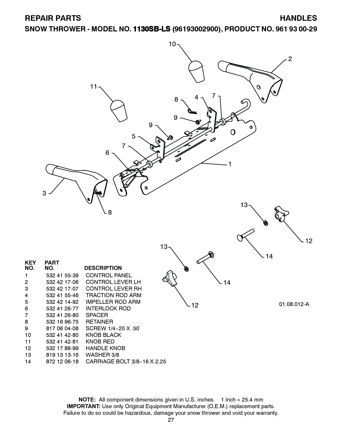 Husqvarna 1130SB-LS owner manual Handles 