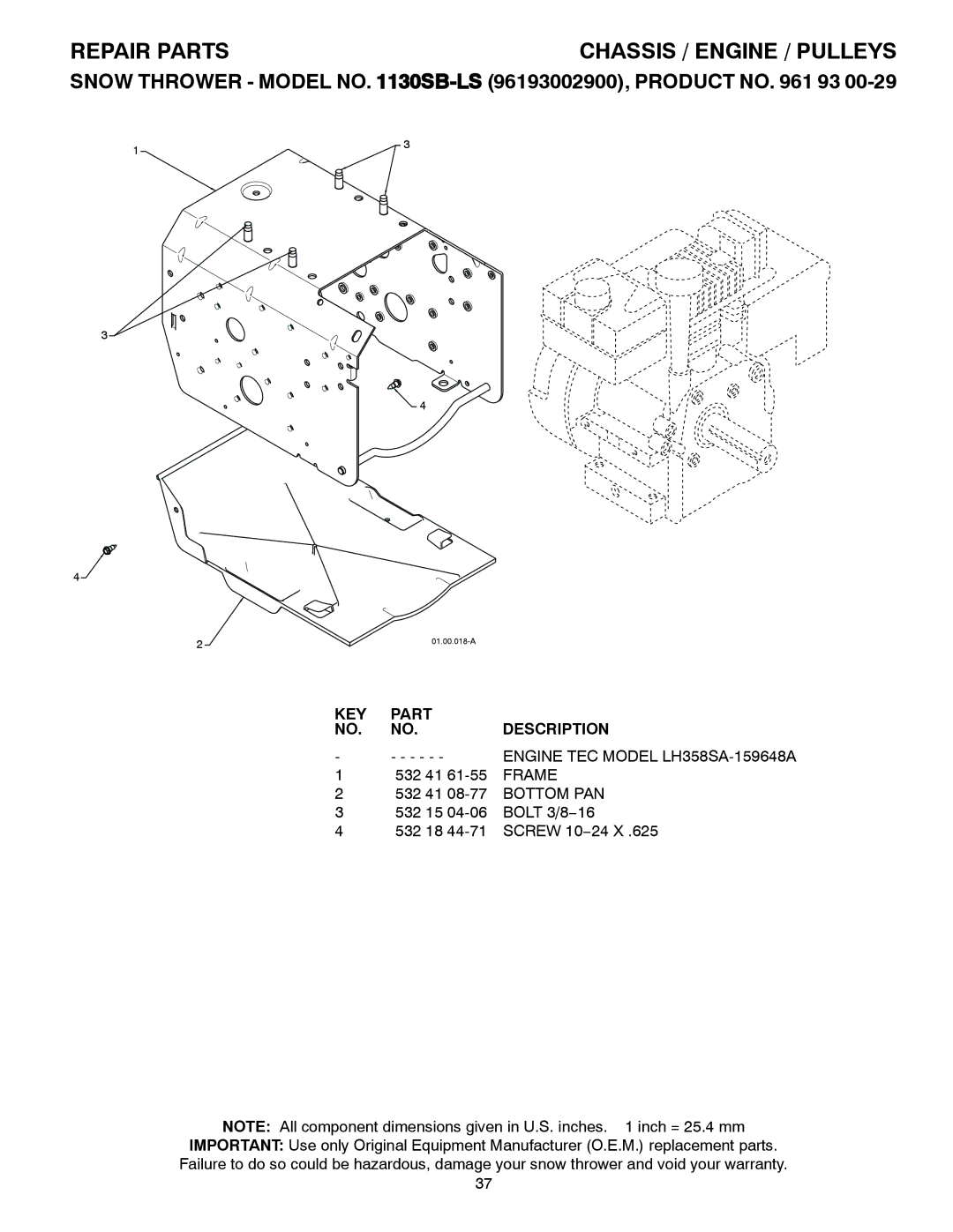 Husqvarna 1130SB-LS owner manual Frame, Bottom PAN 