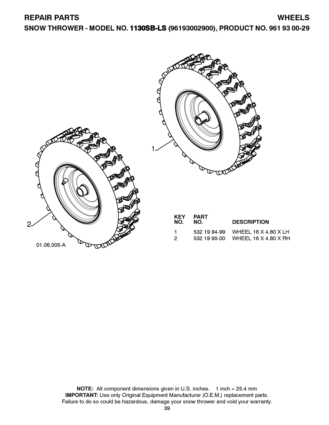 Husqvarna 1130SB-LS owner manual Wheels 