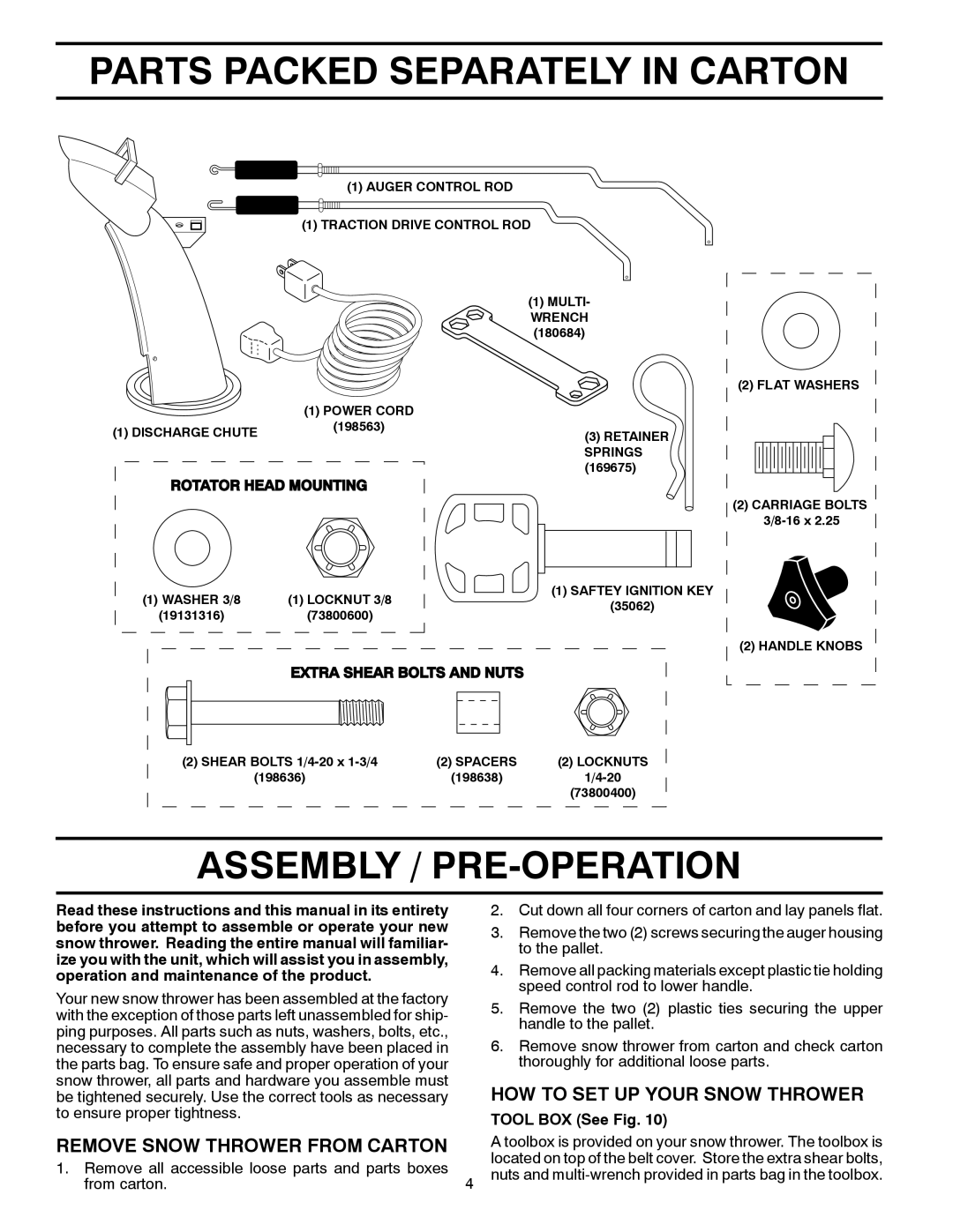 Husqvarna 1130SB-LS Parts Packed Separately in Carton, Assembly / PRE-OPERATION, HOW to SET UP Your Snow Thrower 