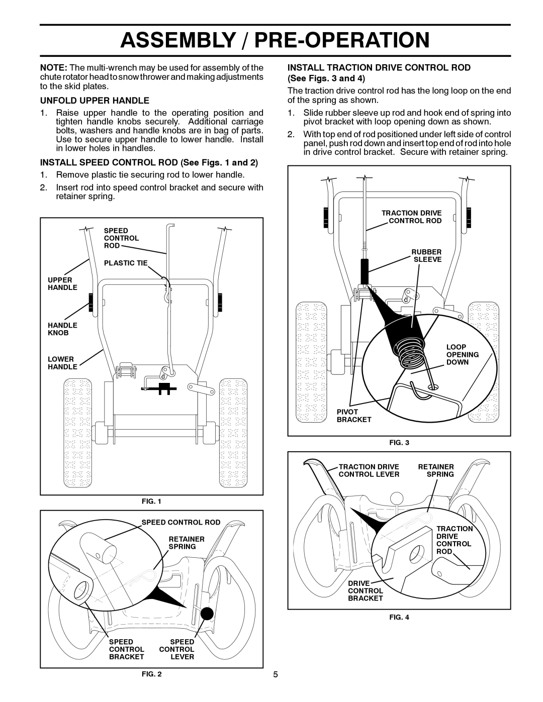 Husqvarna 1130SB-LS Unfold Upper Handle, Install Speed Control ROD See Figs, Install Traction Drive Control ROD See Figs 