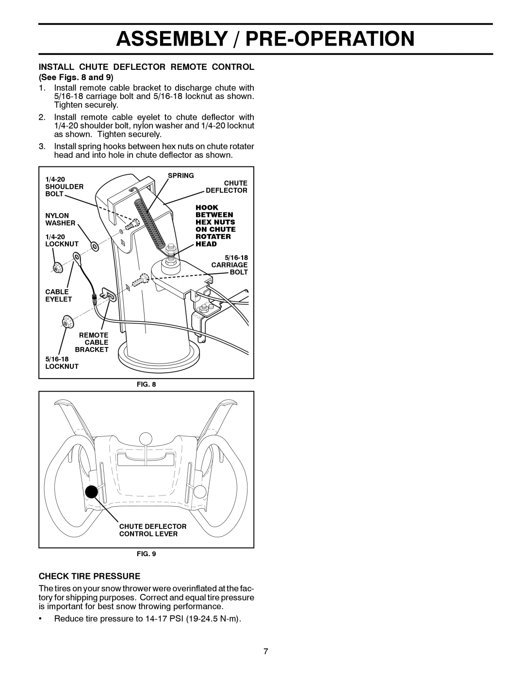 Husqvarna 1130SB-LS owner manual Install Chute Deflector Remote Control See Figs, Check Tire Pressure 