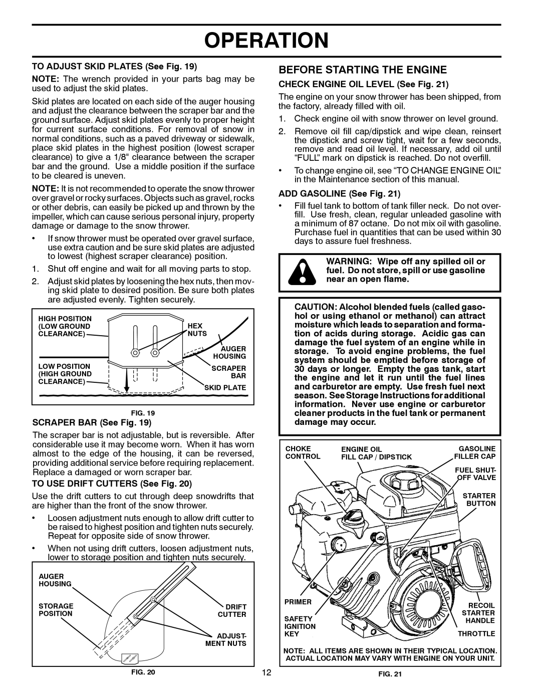 Husqvarna 1130SB-LSB owner manual Before Starting The Engine, Operation, TO ADJUST SKID PLATES See Fig, SCRAPER BAR See Fig 