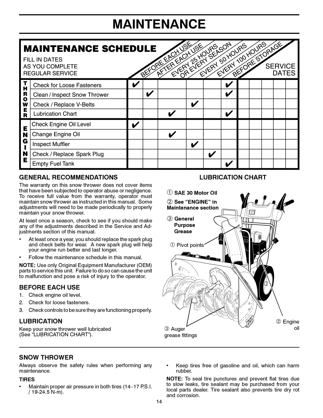 Husqvarna 1130SB-LSB Maintenance, General Recommendations, Before Each Use, Snow Thrower, Lubrication Chart, Tires 