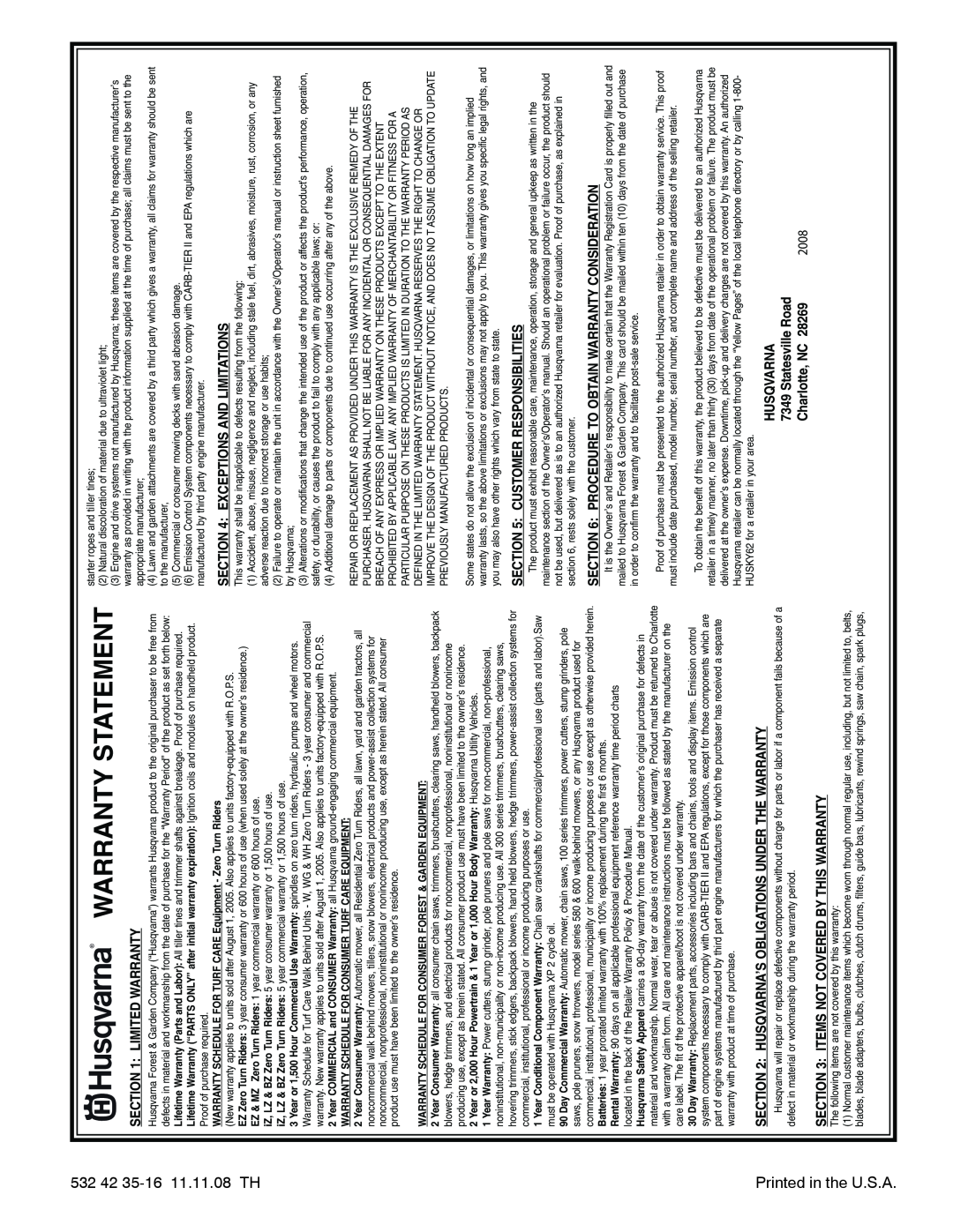 Husqvarna 1130SB-LSB owner manual Warranty Statement, 2008, Charlotte, NC 
