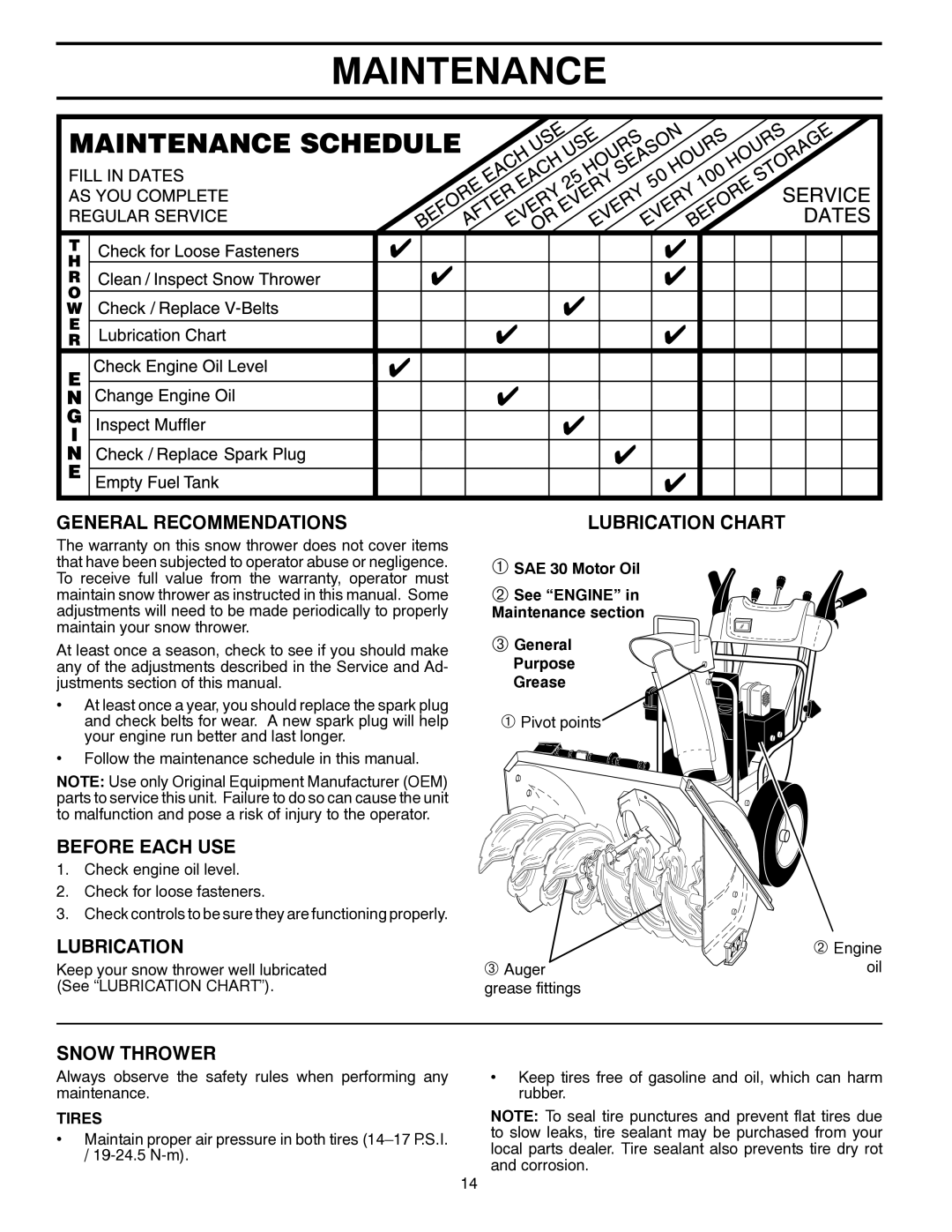 Husqvarna 1130SB-LSB owner manual Maintenance, General Recommendations, Before Each USE, Lubrication, Snow Thrower 