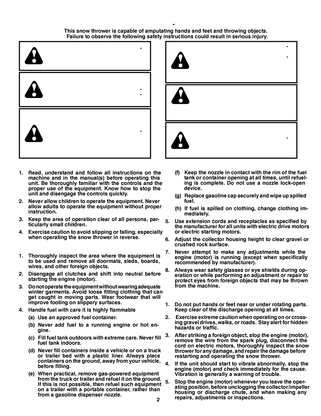 Husqvarna 1130SB-LSB owner manual Safe Operation Practices for Walk-Behind Snow Throwers 