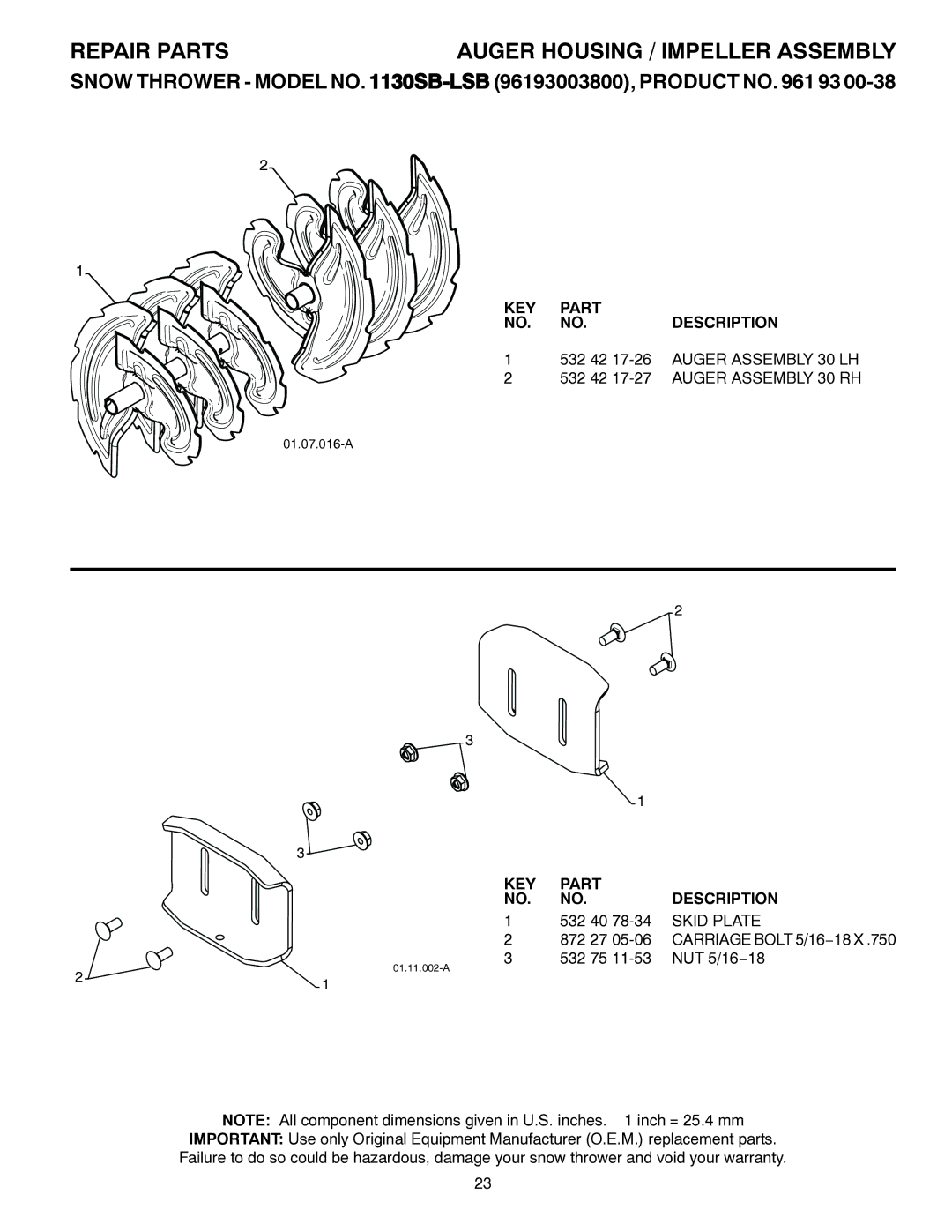 Husqvarna 1130SB-LSB owner manual Auger Assembly 30 LH, Auger Assembly 30 RH, Skid Plate 