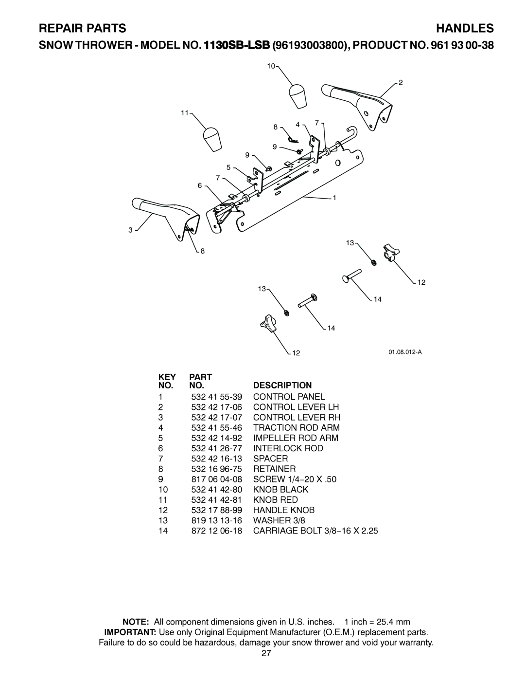 Husqvarna 1130SB-LSB owner manual Handles 