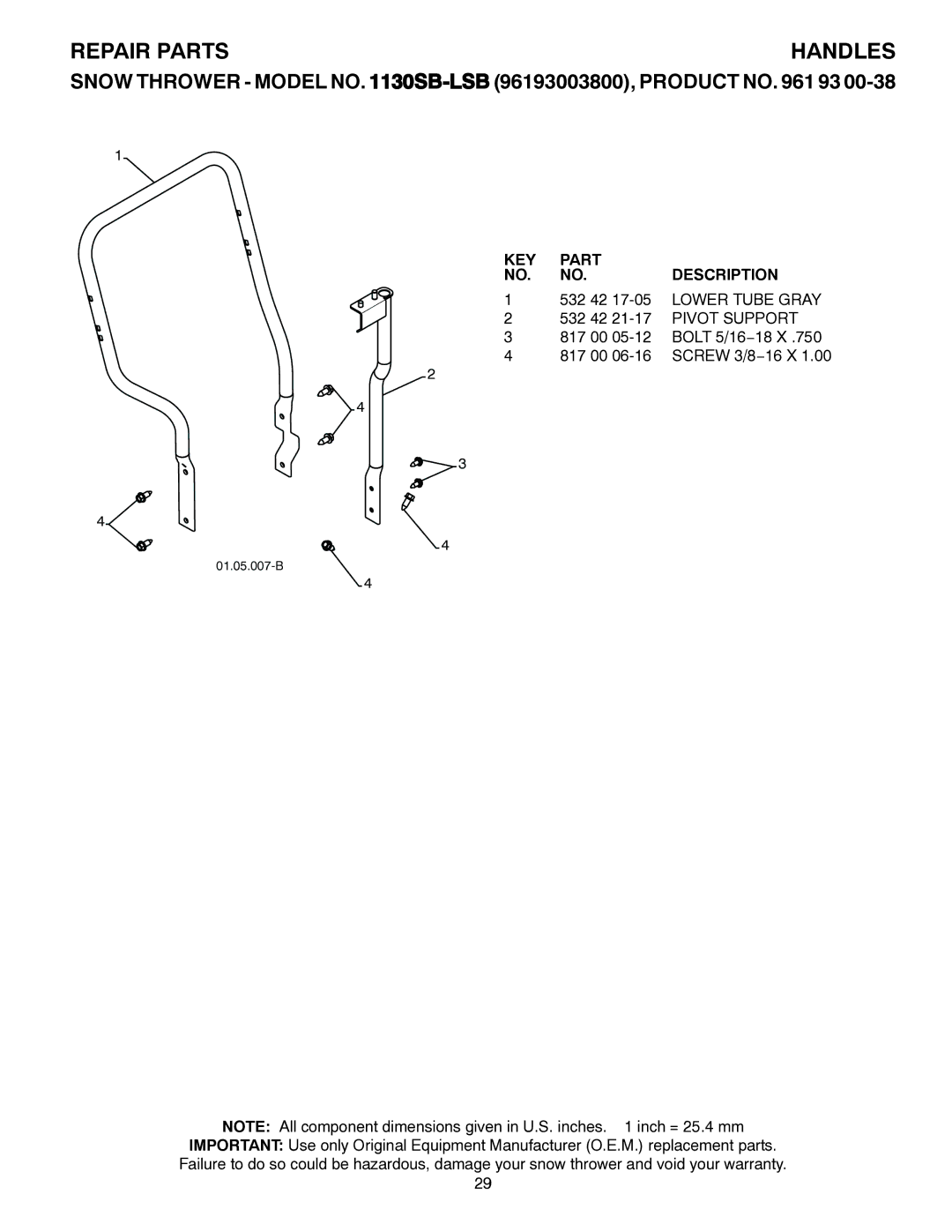 Husqvarna 1130SB-LSB owner manual Lower Tube Gray, Pivot Support 