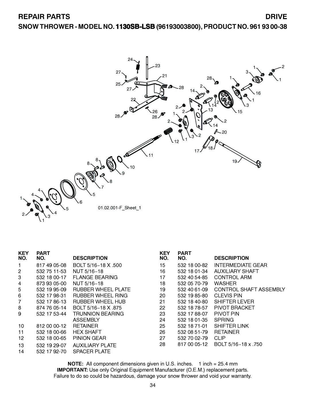 Husqvarna 1130SB-LSB 532 18 00-82 Intermediate Gear, Clevis PIN, 532 17 53-44 Trunnion Bearing, Pivot PIN, Assembly, Clip 