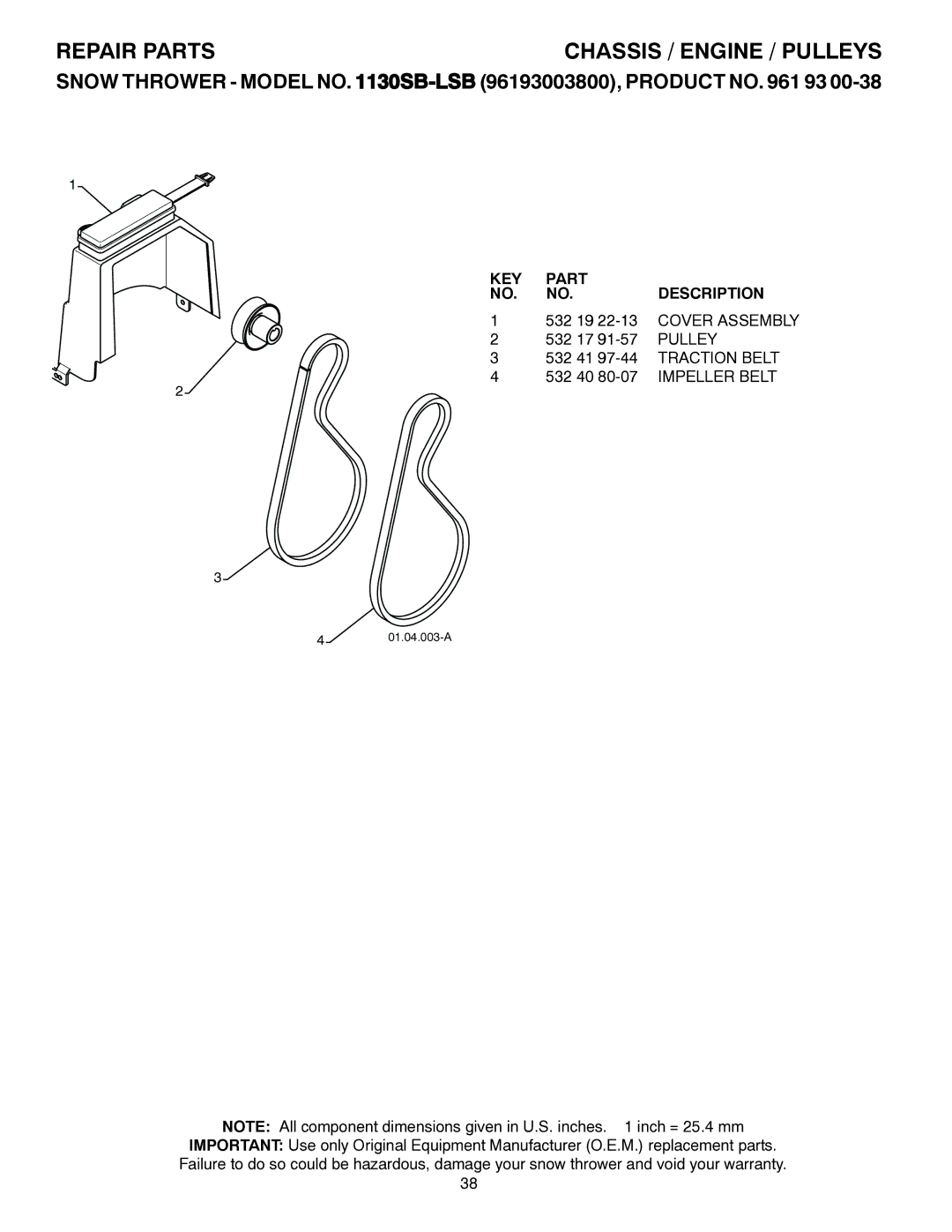 Husqvarna 1130SB-LSB owner manual Pulley, Impeller Belt 