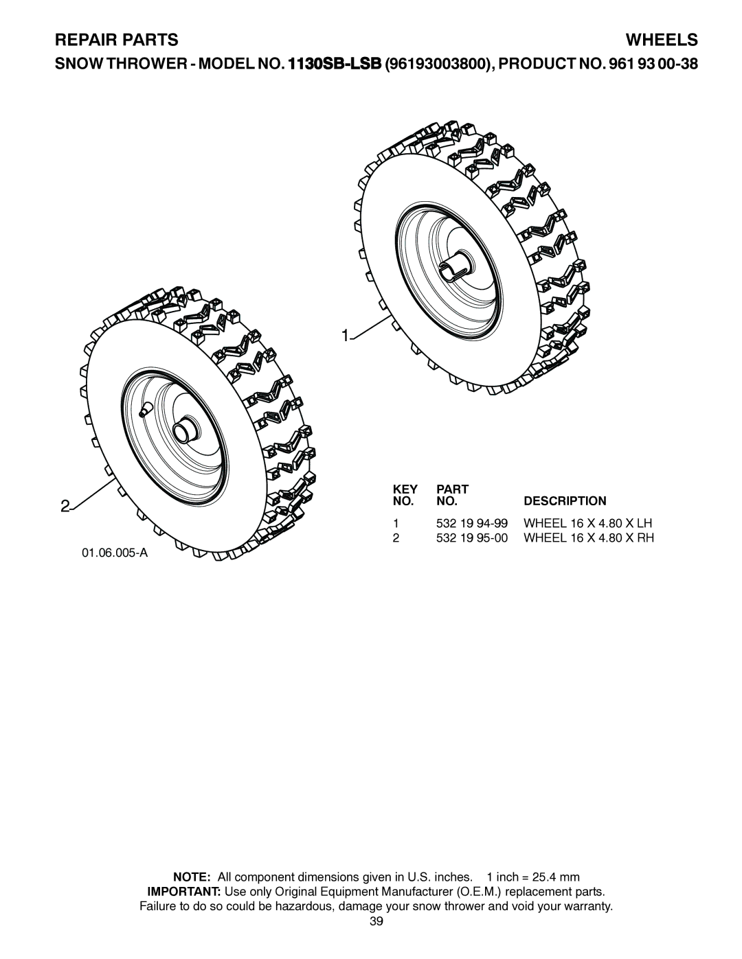 Husqvarna 1130SB-LSB owner manual Wheels 