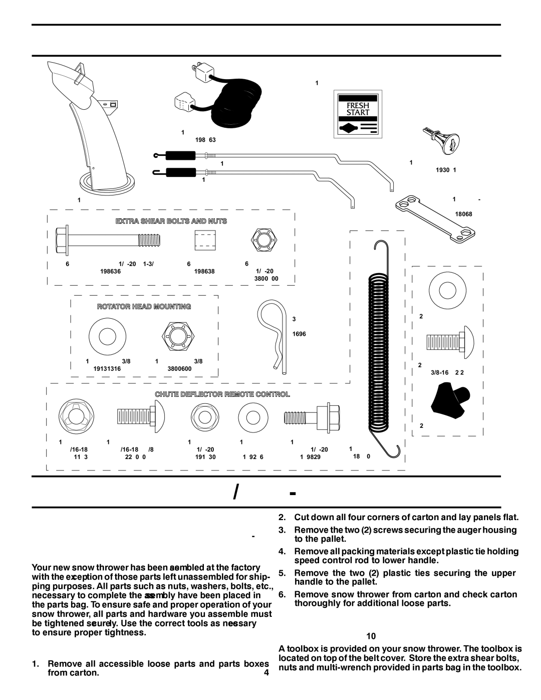 Husqvarna 1130SB-LSB Parts Packed Separately in Carton, Assembly / PRE-OPERATION, HOW to SET UP Your Snow Thrower 