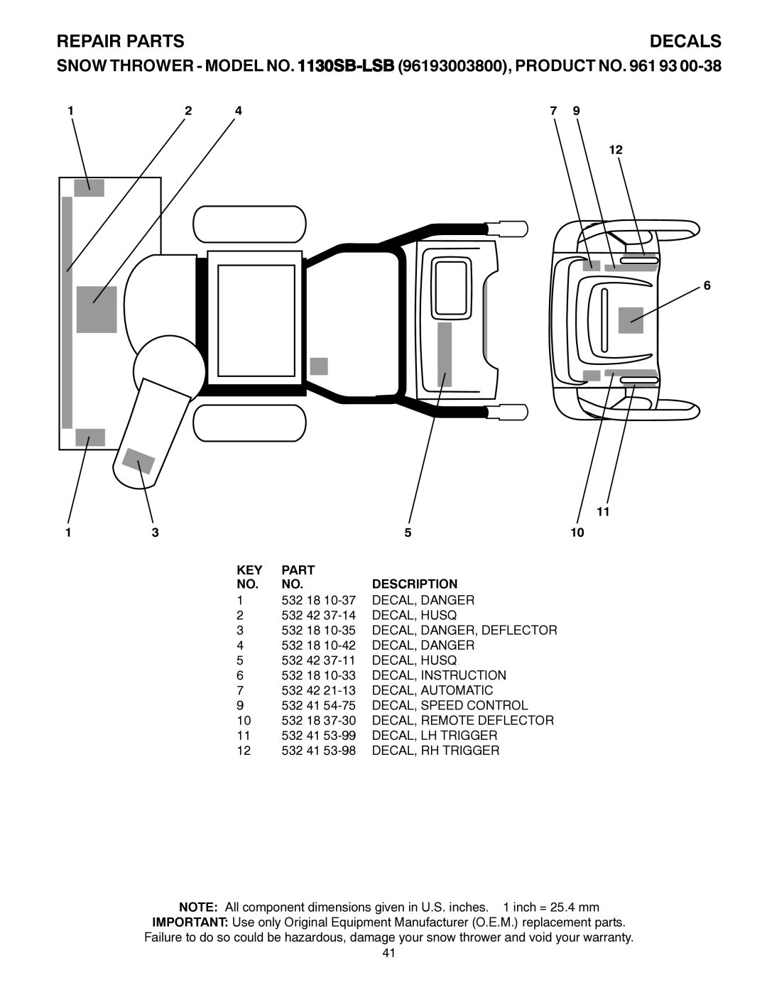 Husqvarna 1130SB-LSB owner manual DECAL, Husq 532 18 10-35 DECAL, DANGER, Deflector, 532 18 37-30 DECAL, Remote Deflector 